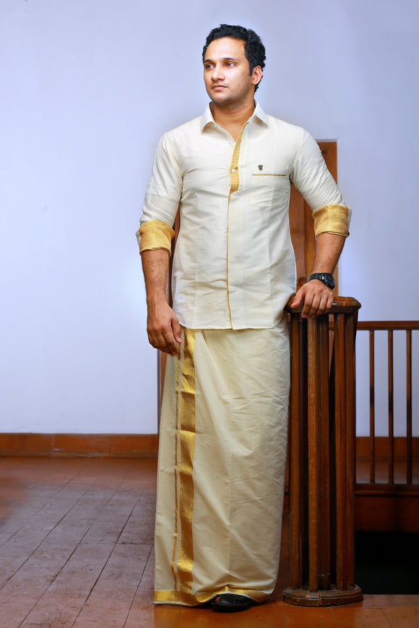 Off White Plain Silk Cutaway Collar Shirt with Gold Zari Detailing (Shirt + Kasavu Munde )