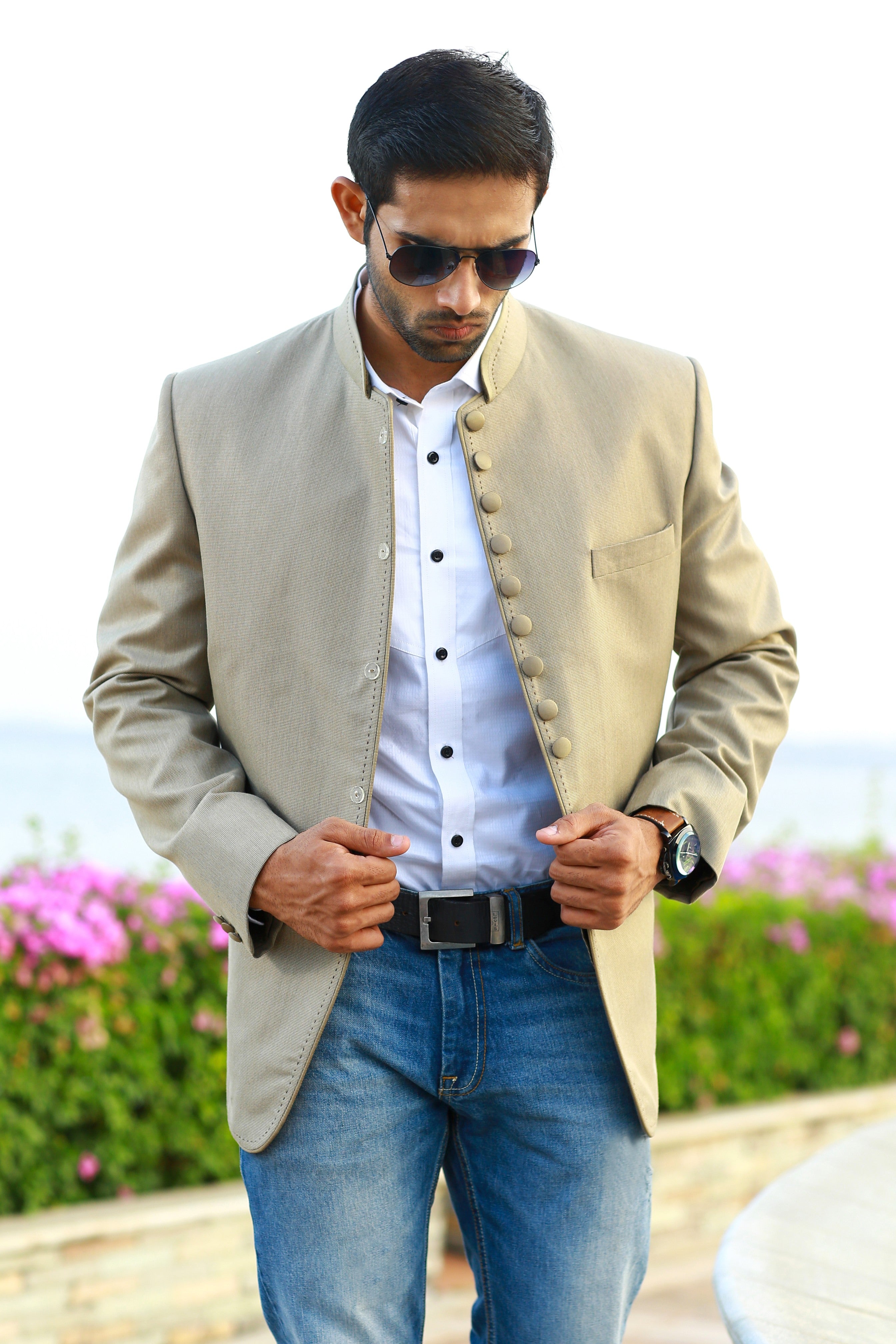 Ecru Beige Indo Western Bandhgala Suit with Stitch Detail (Only Jacket)