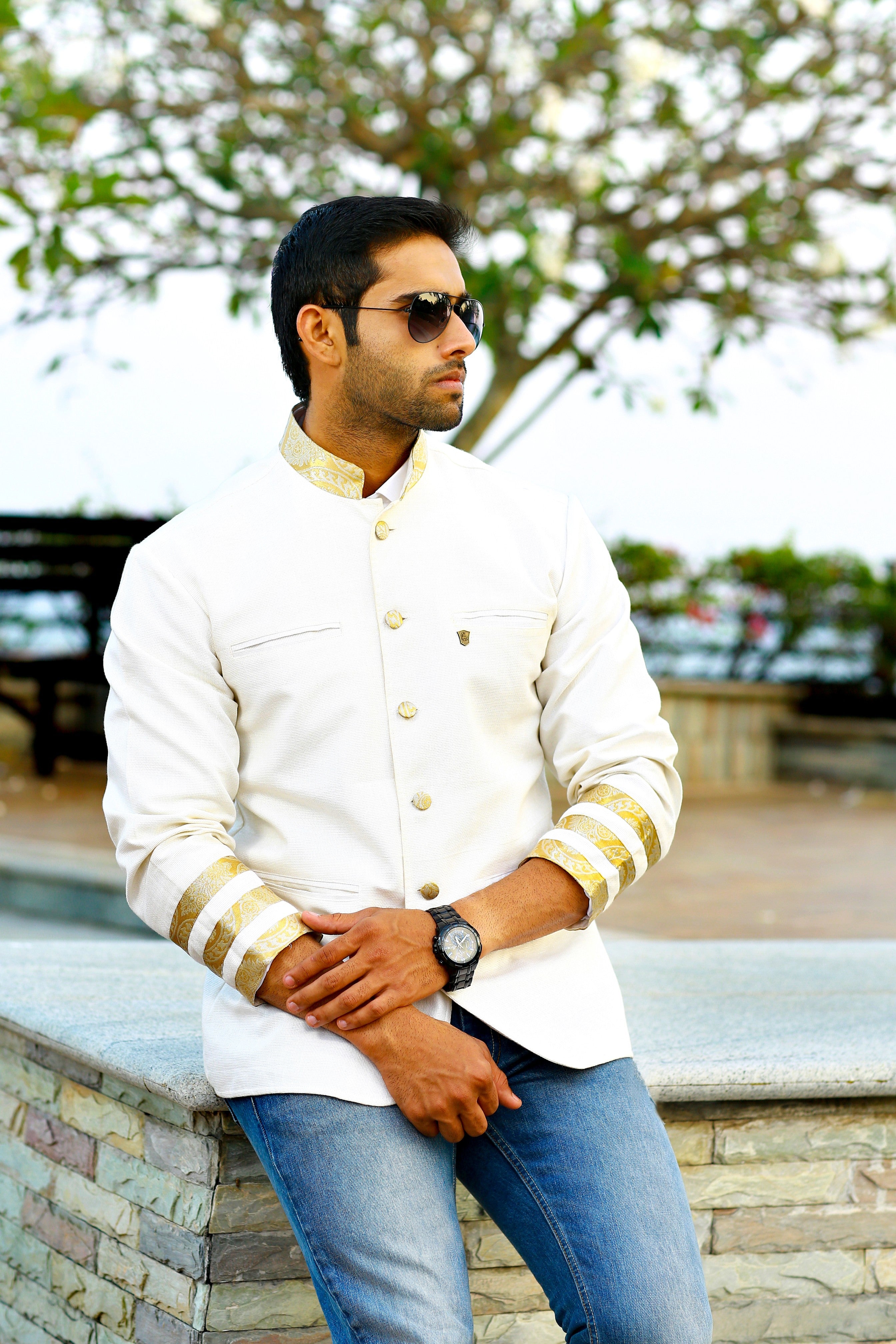 Traditional Indo Western Bandhgala Suit With Zari Kasavu Detailing (Only Jacket)
