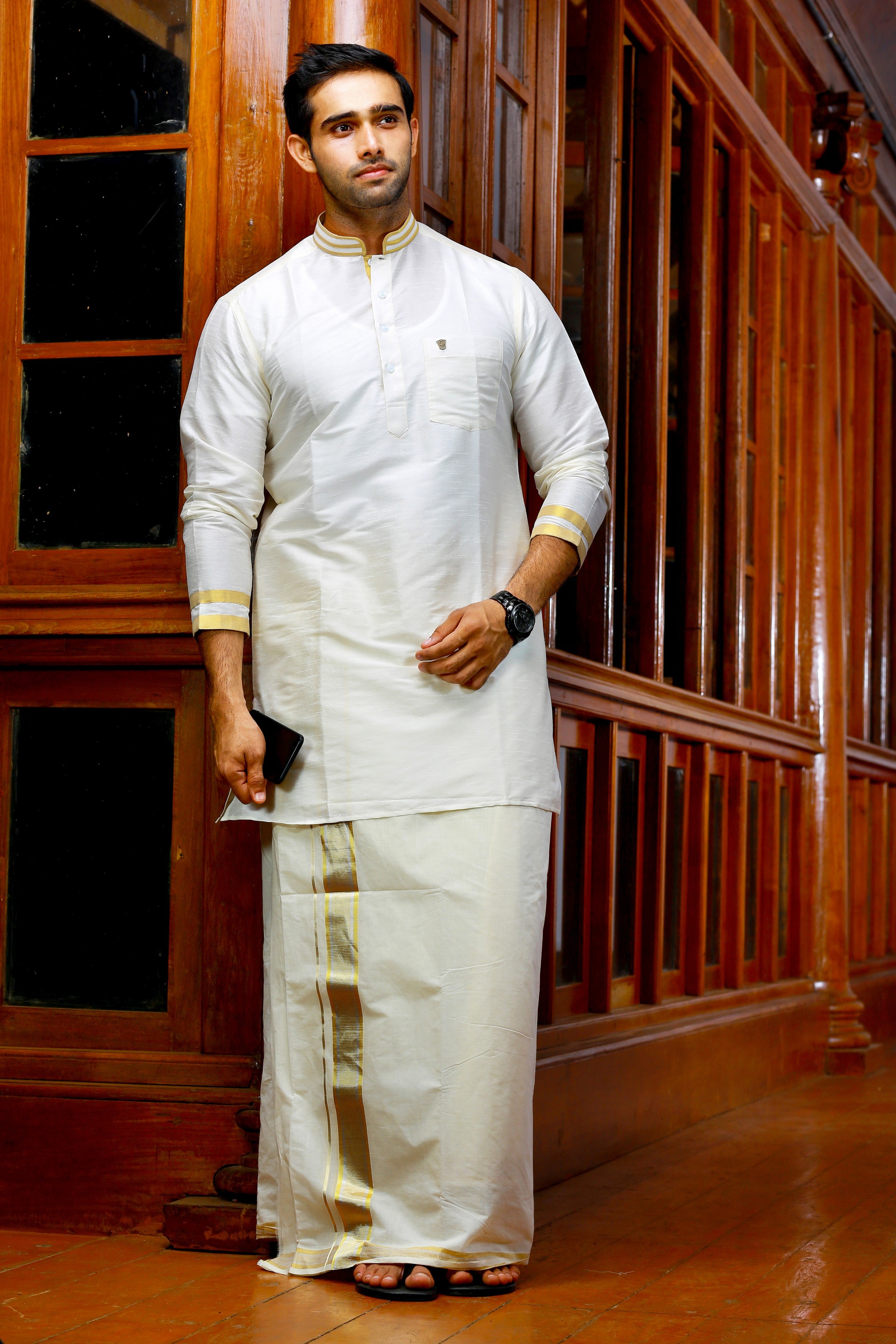 Off White Silk Kurta Set with Golden Zari Detailing on Neck & Sleeves  (Kurta + Kasavu Munde)