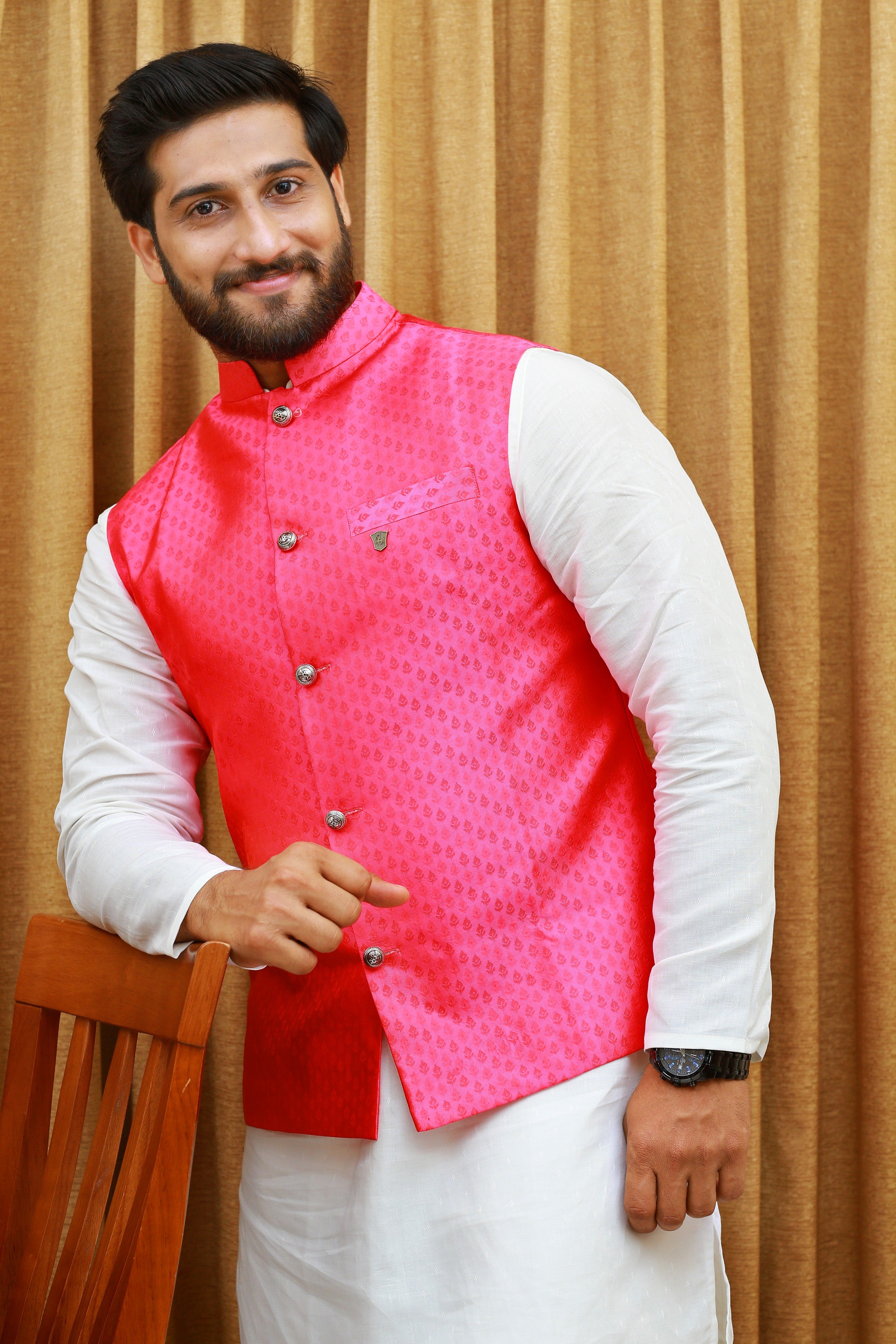 Pink Brocade Nehru Jacket with White Kurta & White Bottom