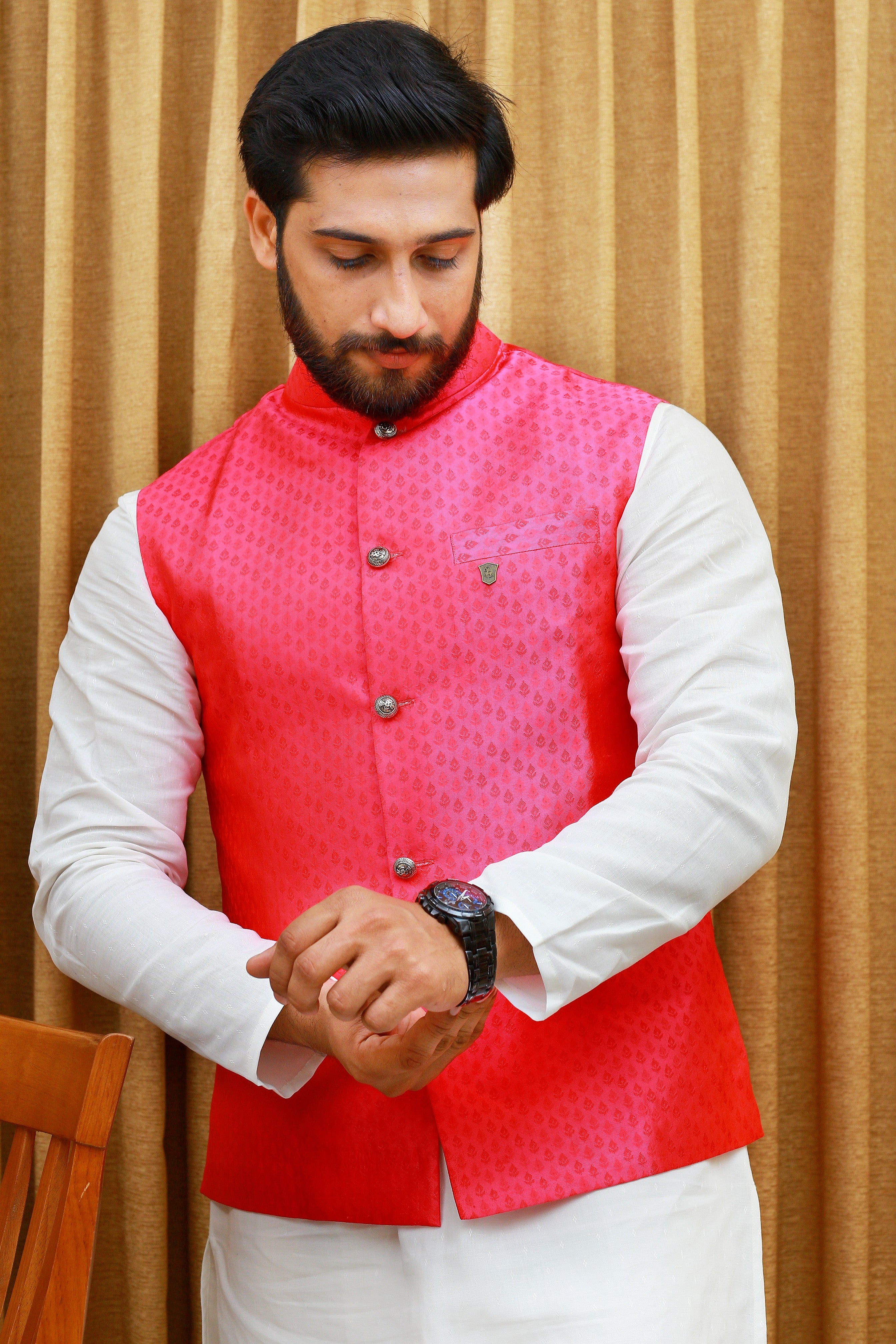 Pink Brocade Nehru Jacket with White Kurta & White Bottom