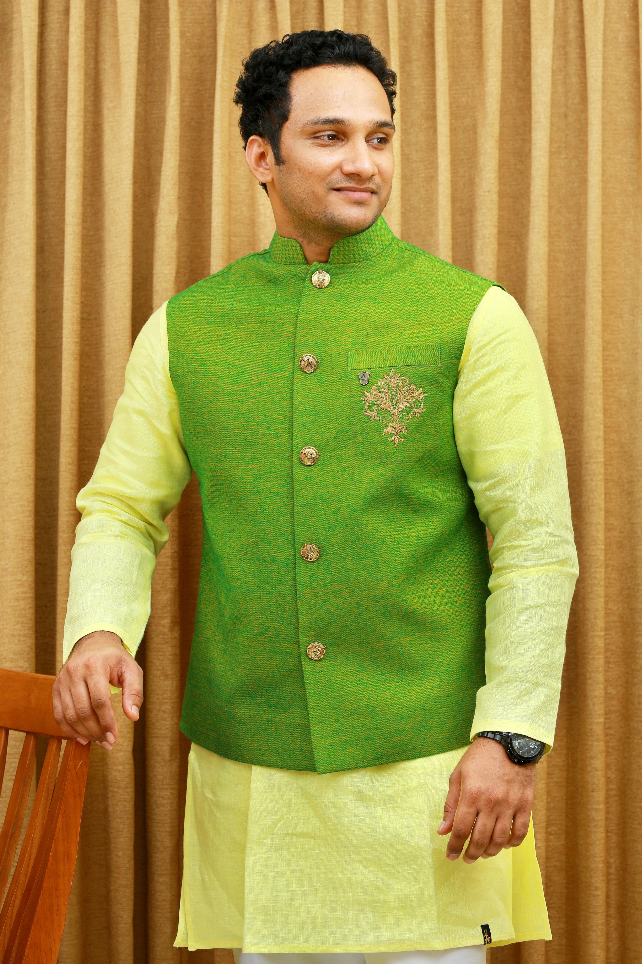 Lime Green Linen Nehru Jacket with Pastel Yellow Kurta & White Bottom