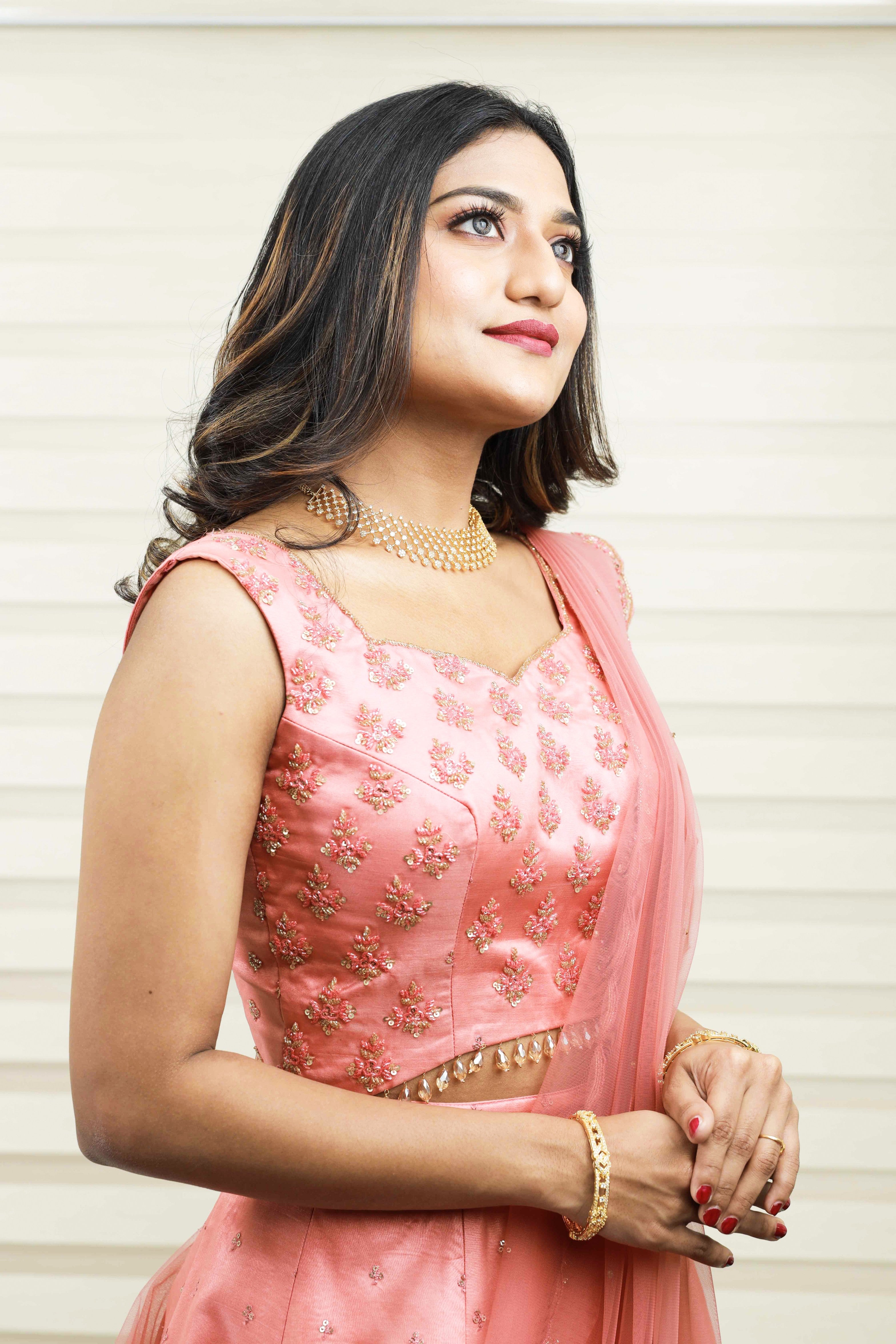 Peach Silk Organza Lehenga Detailed with Zardozi & Bead Hand Embroidery