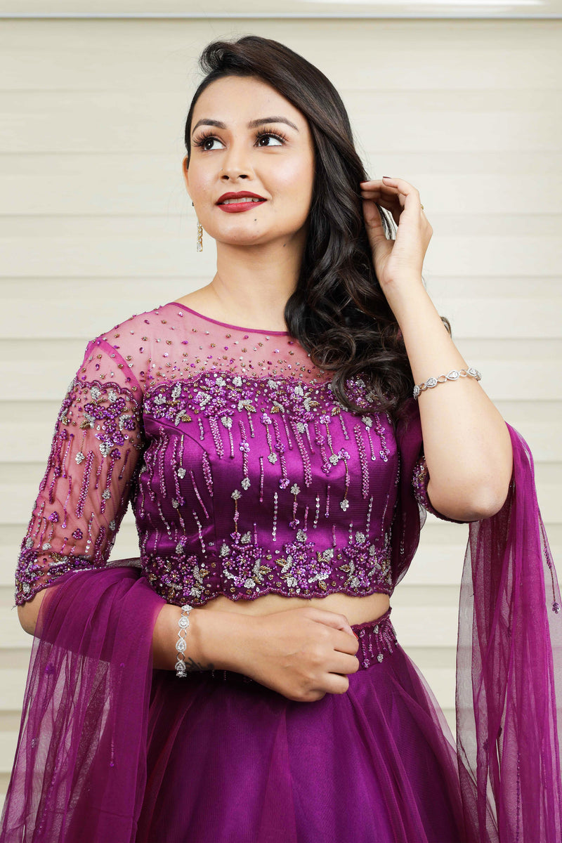 Dark Orchid Puple Lehenga Detailed with Floral Chain Beads & Thread Work