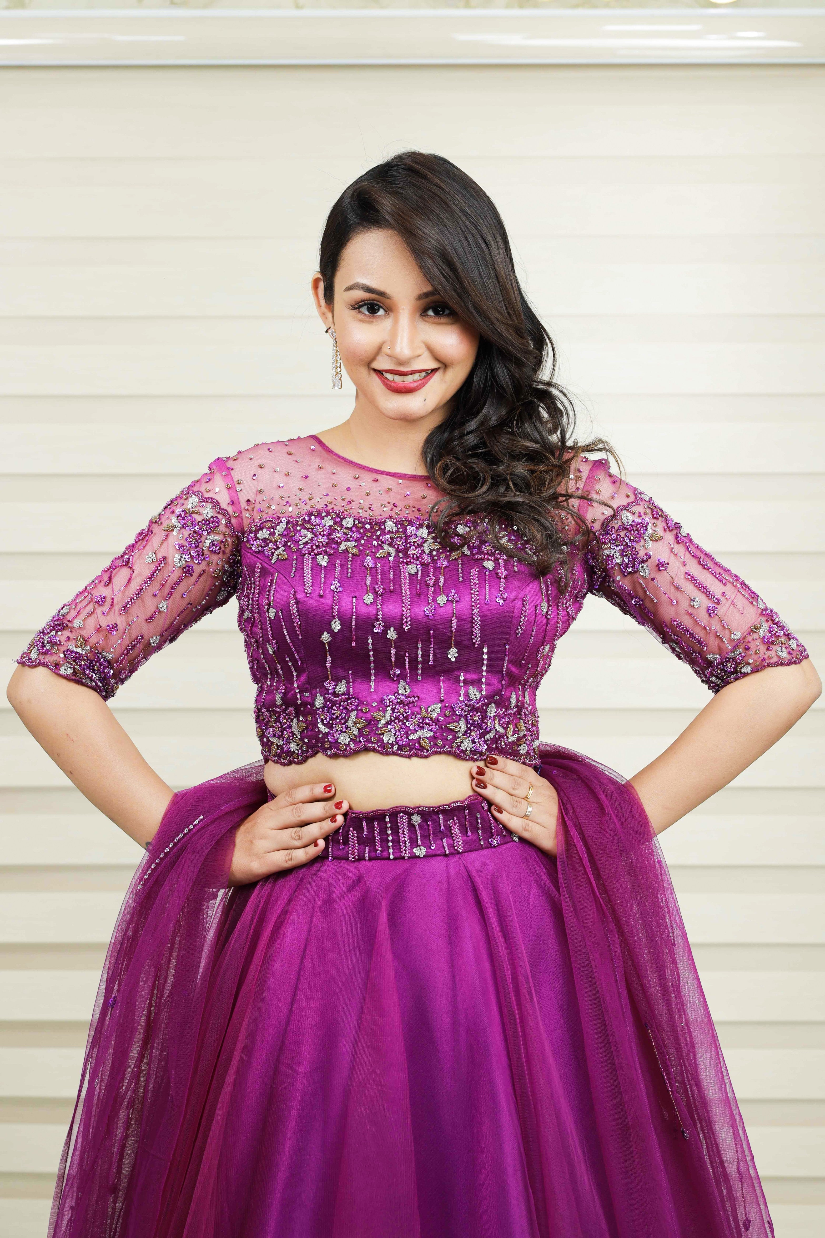 Dark Orchid Puple Lehenga Detailed with Floral Chain Beads & Thread Work