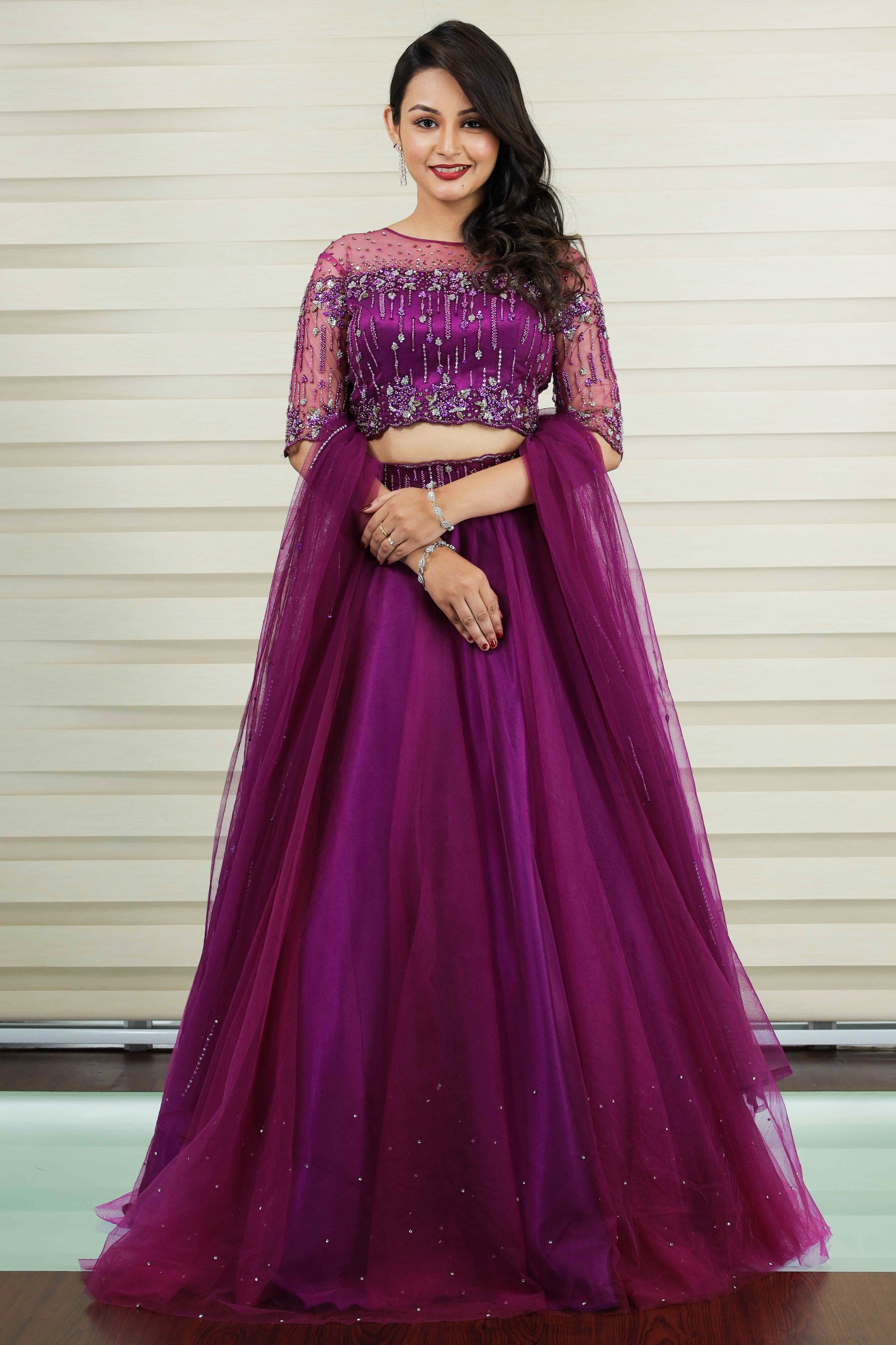 Dark Orchid Puple Lehenga Detailed with Floral Chain Beads & Thread Work