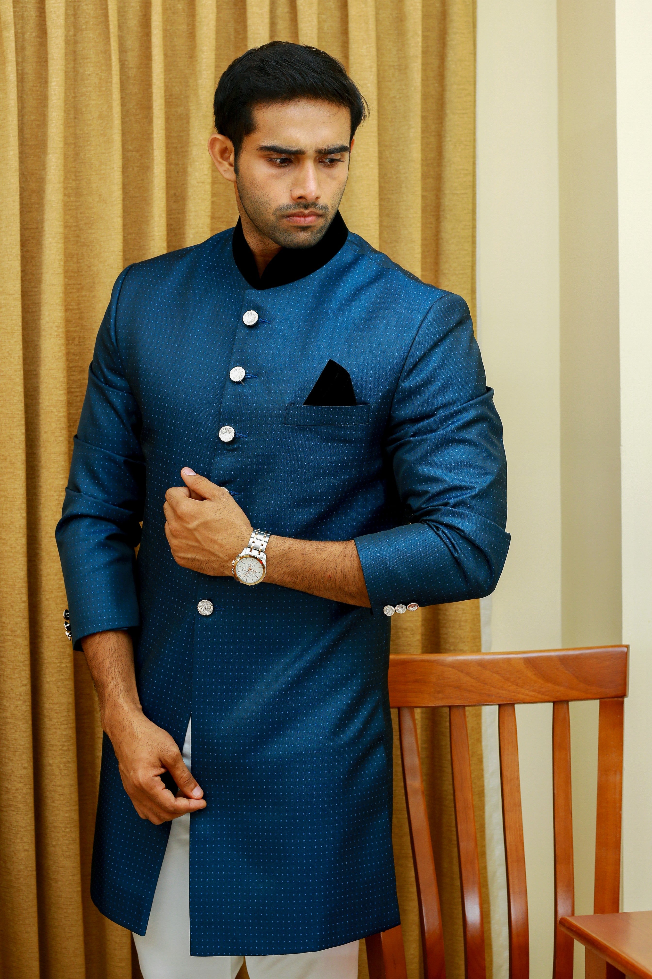 Dotted Oxford Blue Indo Western Slim Achkan Suit paired with White Narrow Pants