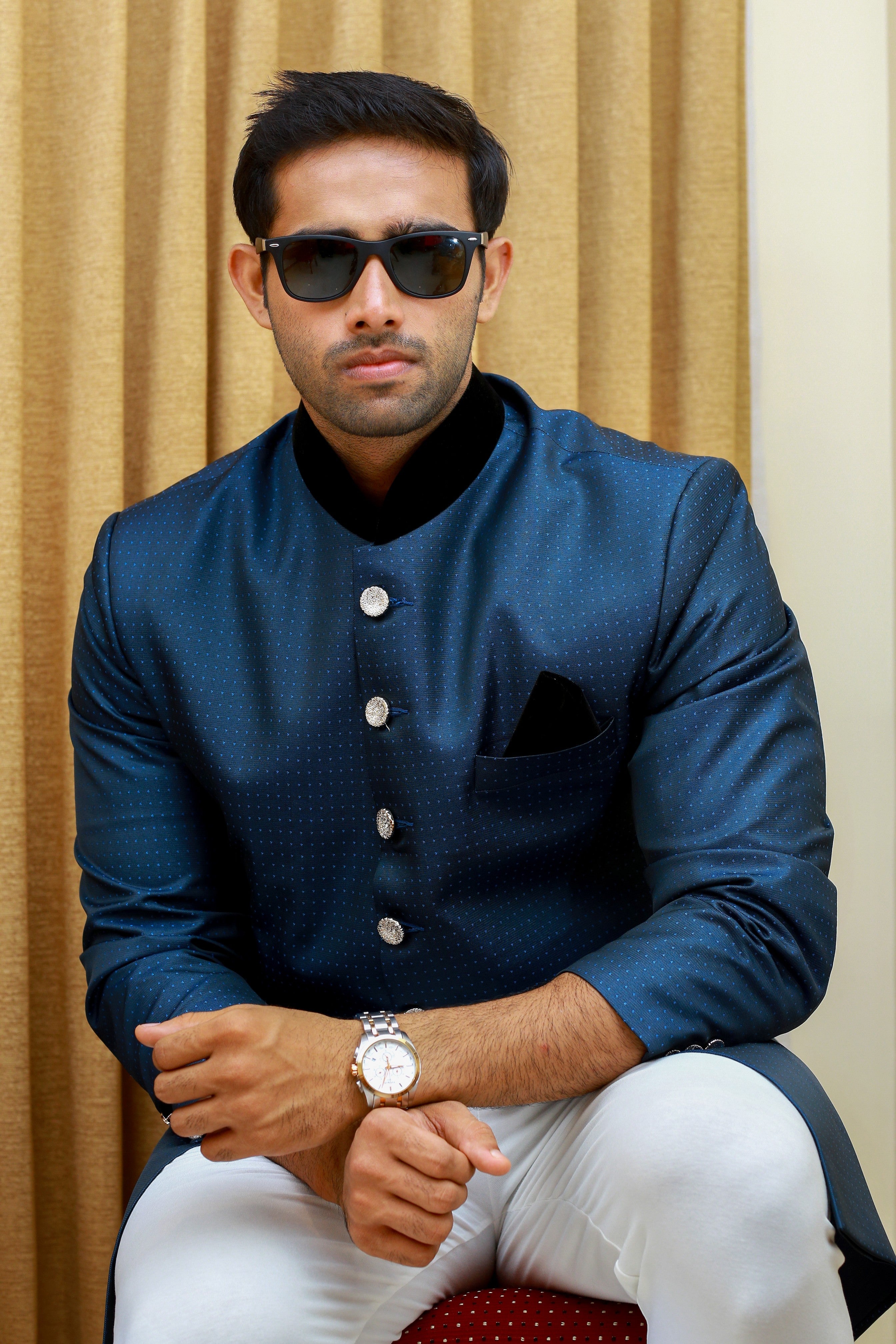 Dotted Oxford Blue Indo Western Slim Achkan Suit paired with White Narrow Pants