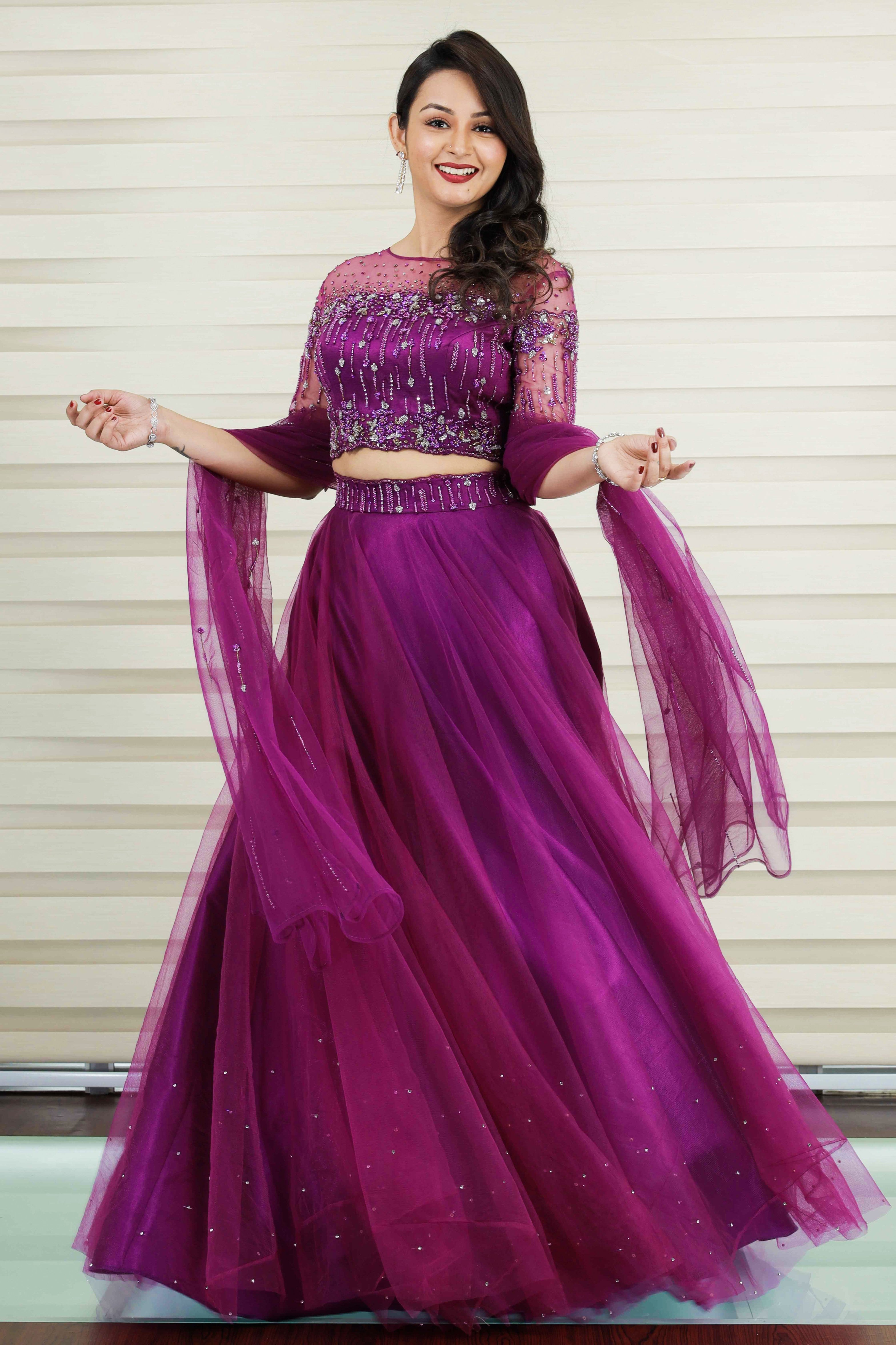 Dark Orchid Puple Lehenga Detailed with Floral Chain Beads & Thread Work