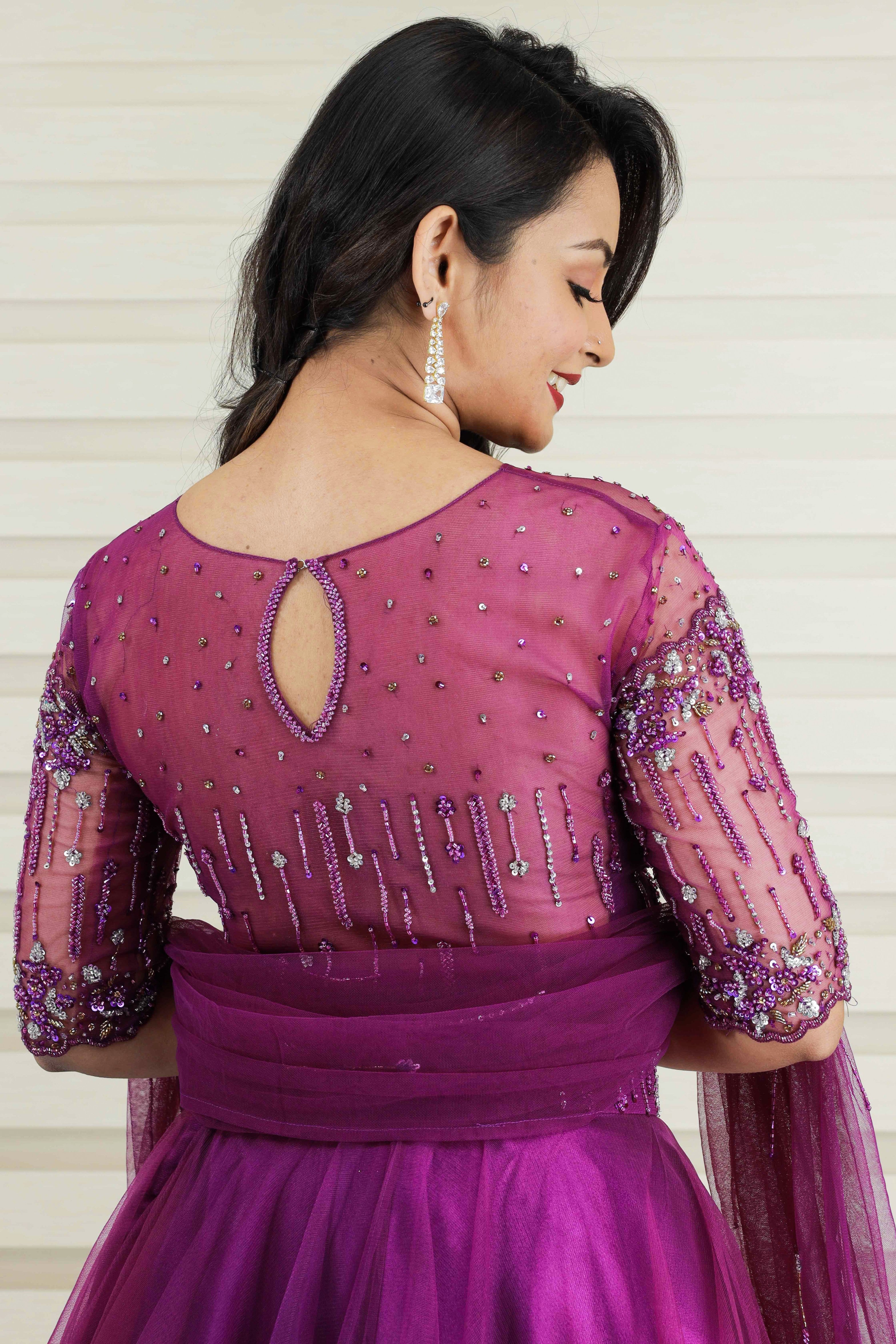 Dark Orchid Puple Lehenga Detailed with Floral Chain Beads & Thread Work