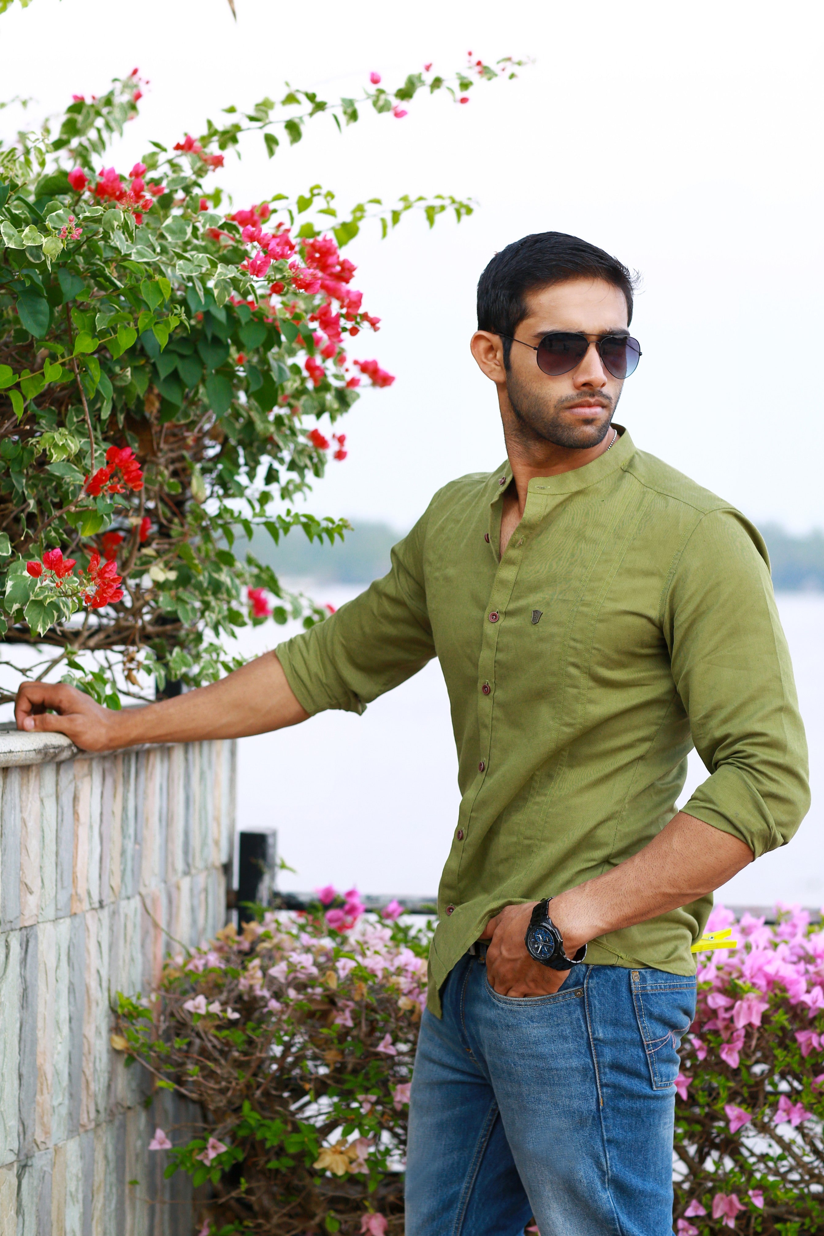 Olive Green Chinese Collar Irish Linen Collar Shirt (Only Shirt)