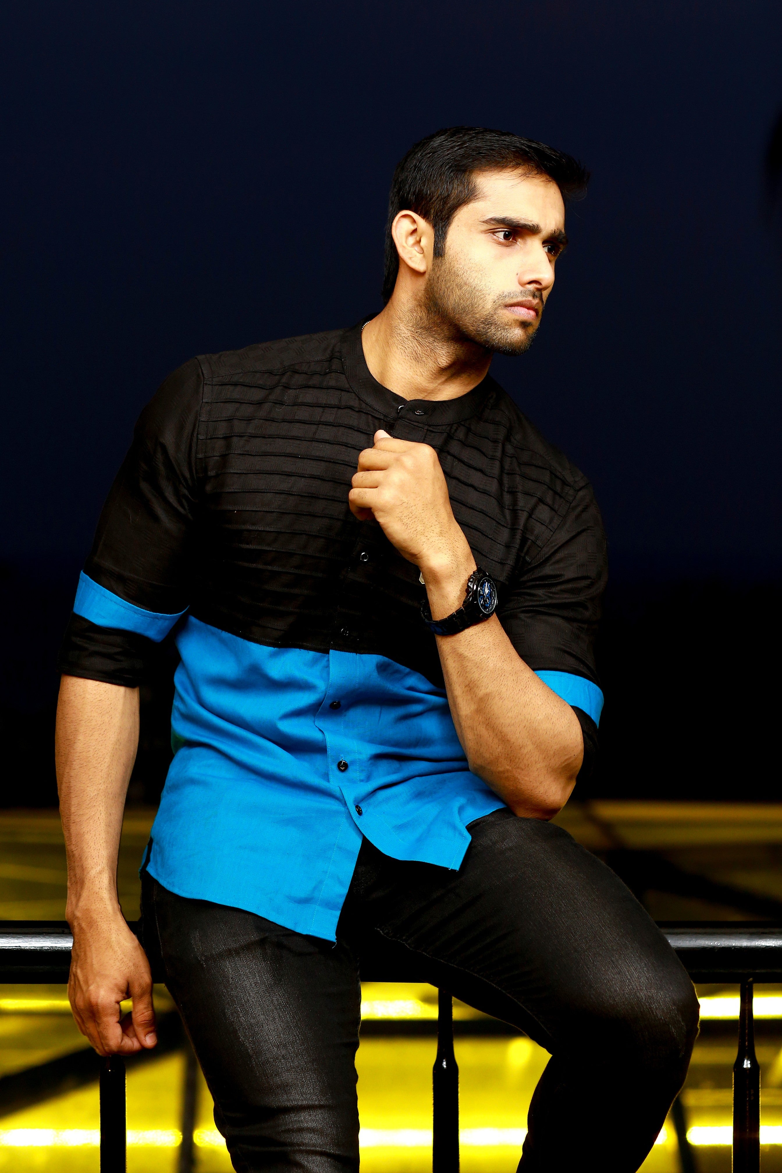 Jet Black Irish Linen Shirt with contrast pattern Detailing in Azure Blue (Only Shirt)