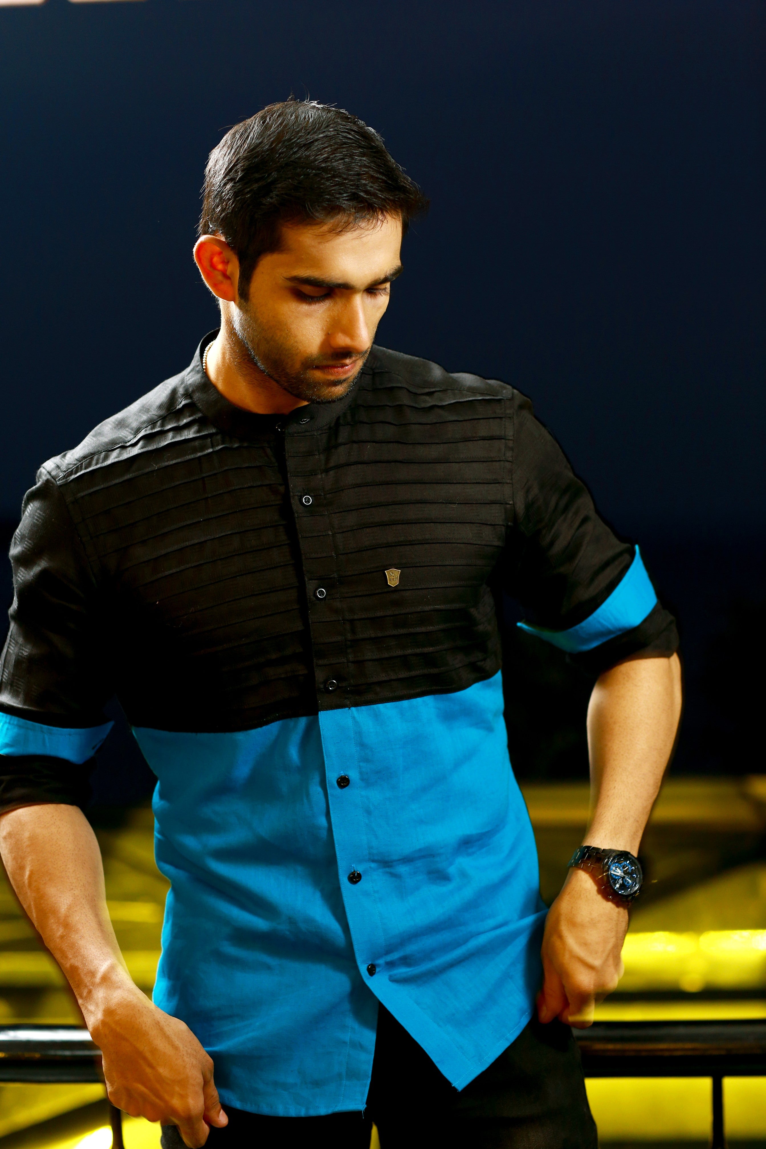 Jet Black Irish Linen Shirt with contrast pattern Detailing in Azure Blue (Only Shirt)