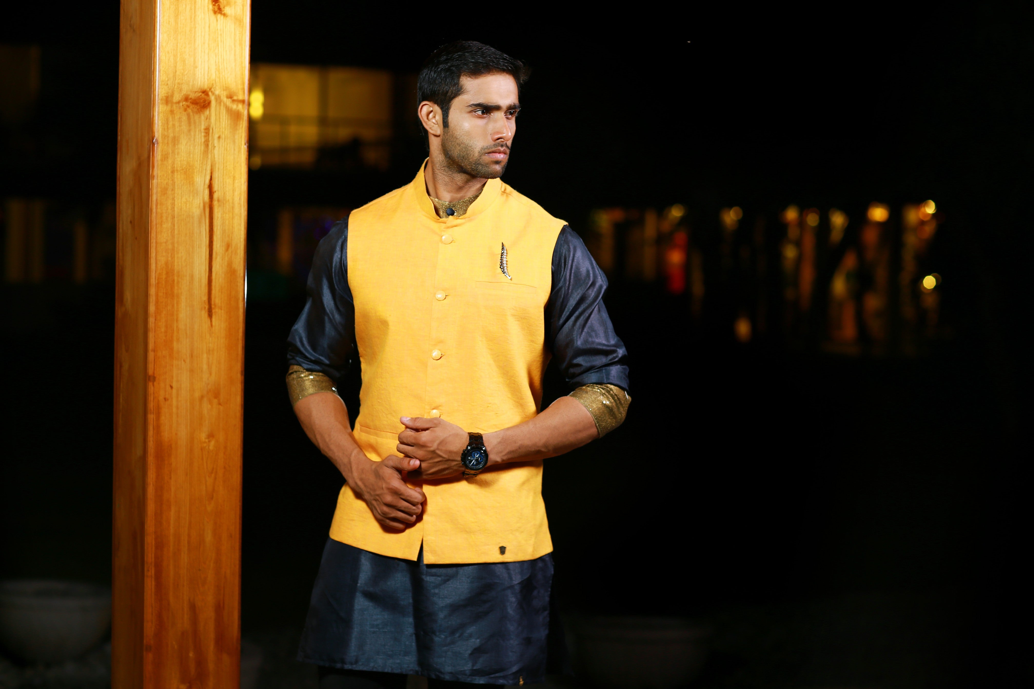 Linen Nehru Jacket with Black Silk Kurta & Black Bottom