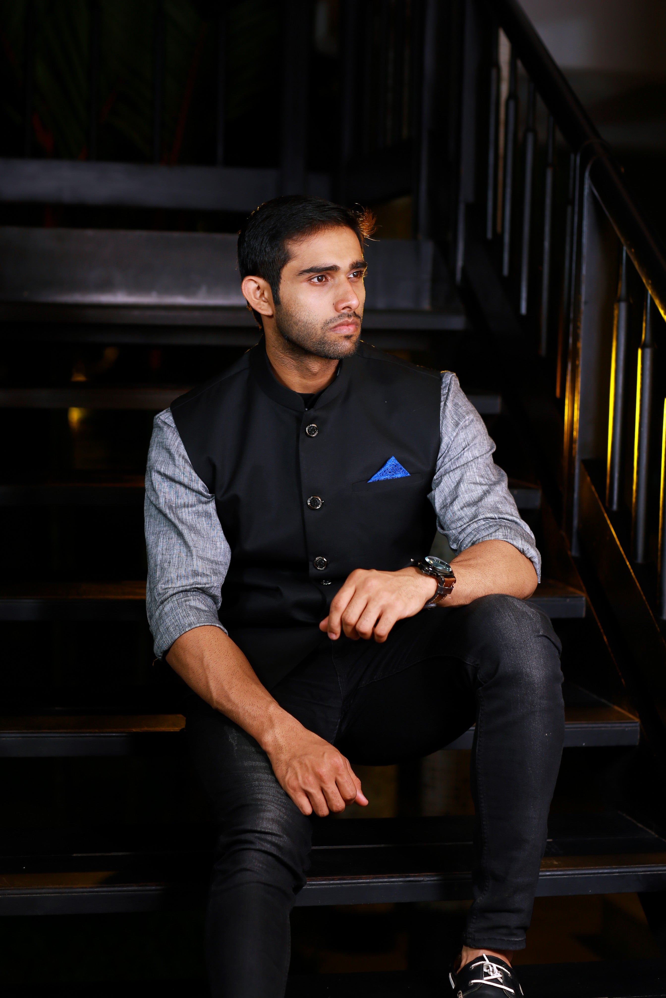 Grey Linen Shirt with Black Suiting Nehru Jacket Set