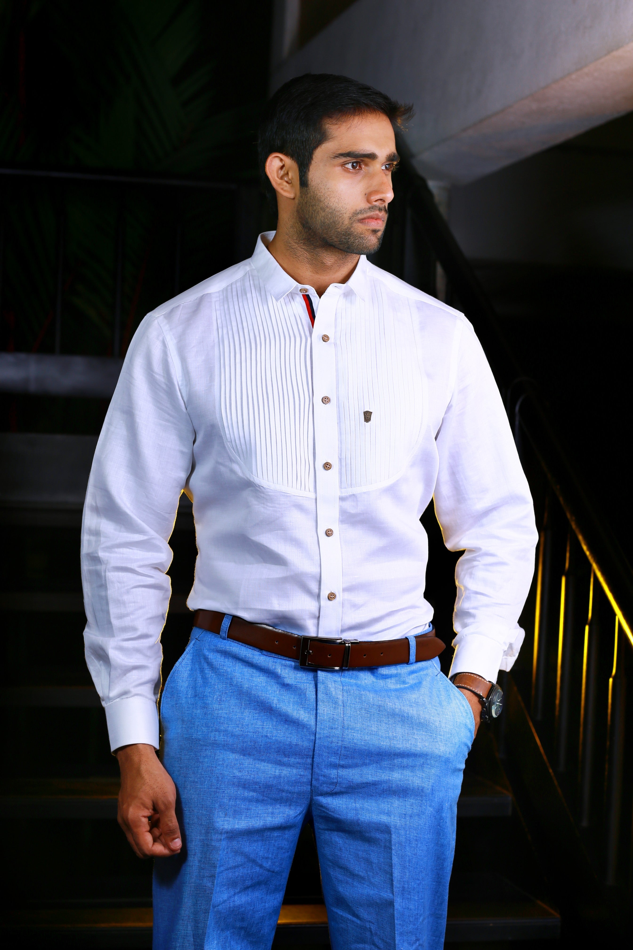 Dove White Vertical Pleated Pattern Linen Shirt