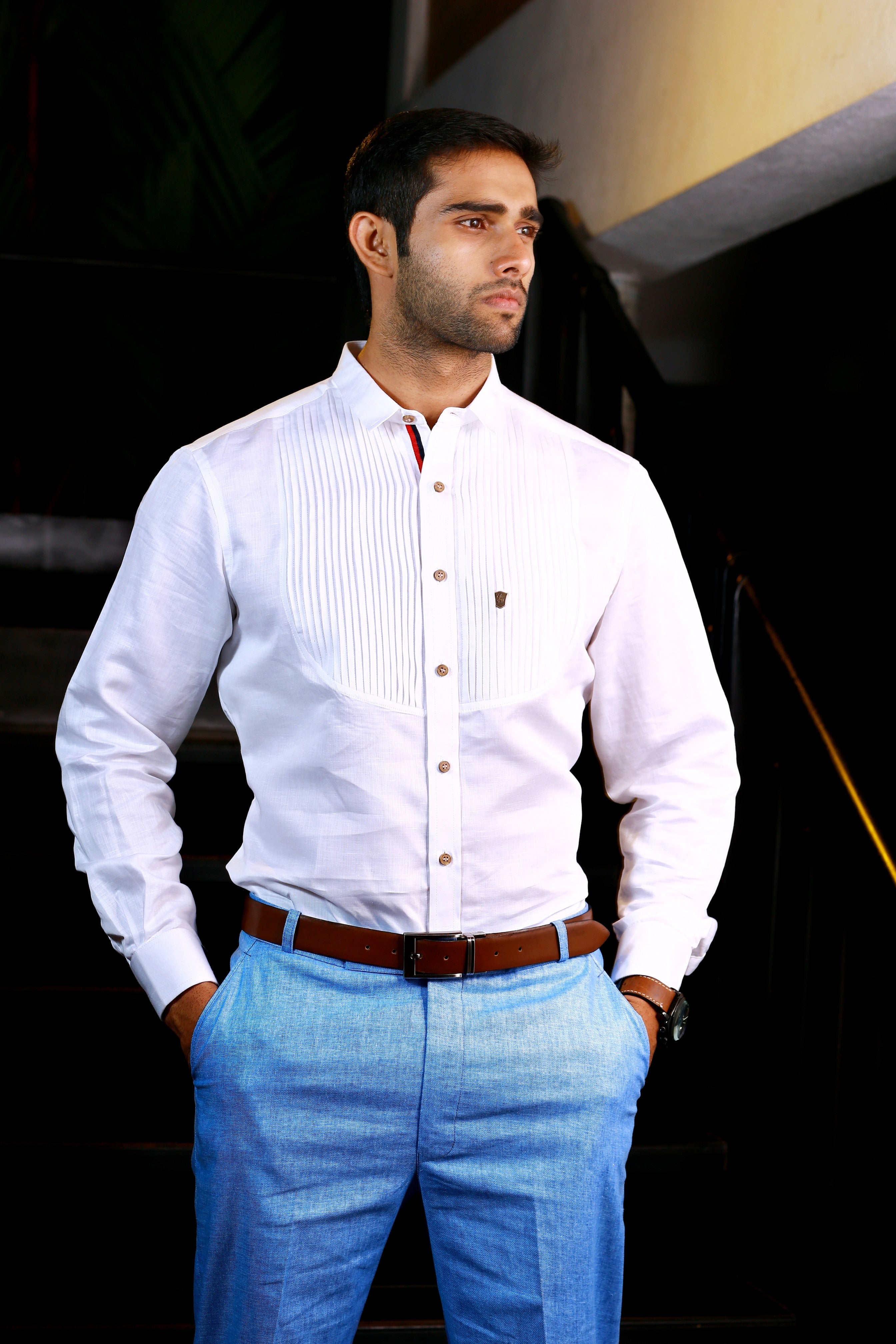 Dove White Vertical Pleated Pattern Linen Shirt
