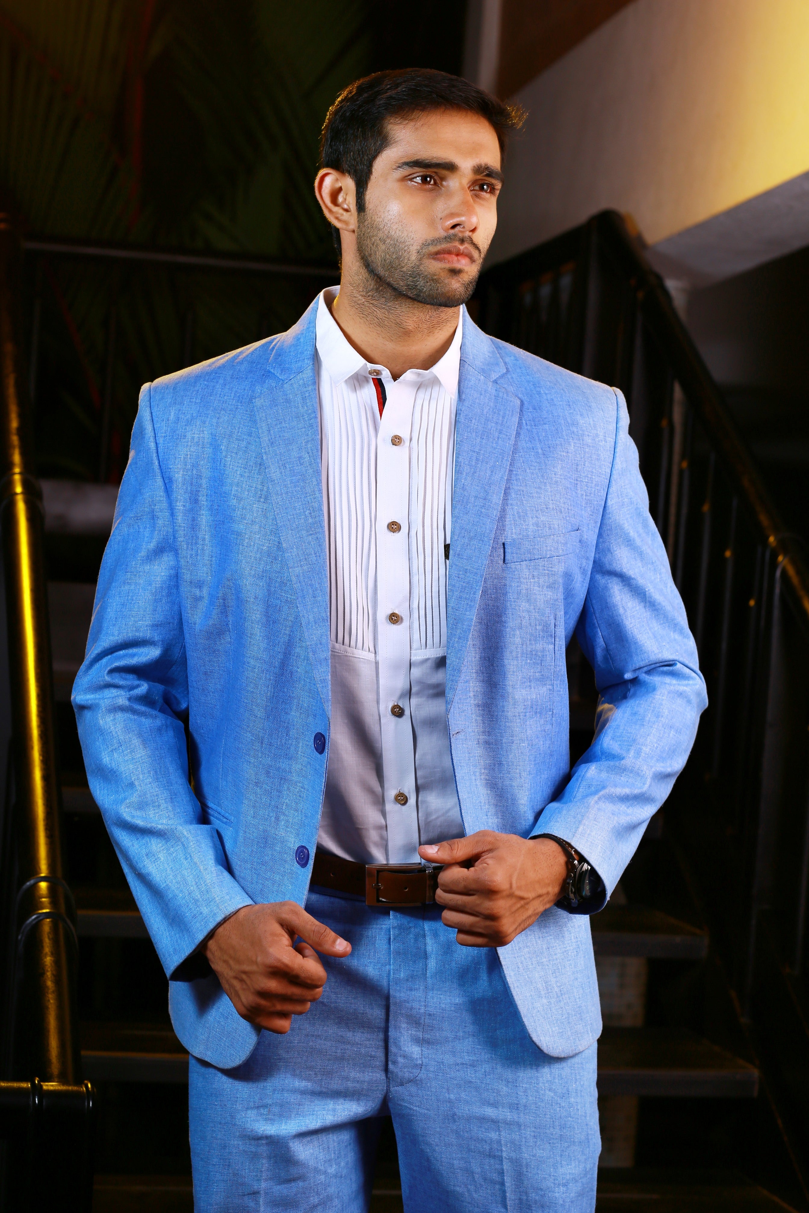 Cornflower Linen 2 Piece Suit Set with White Pleated Shirt