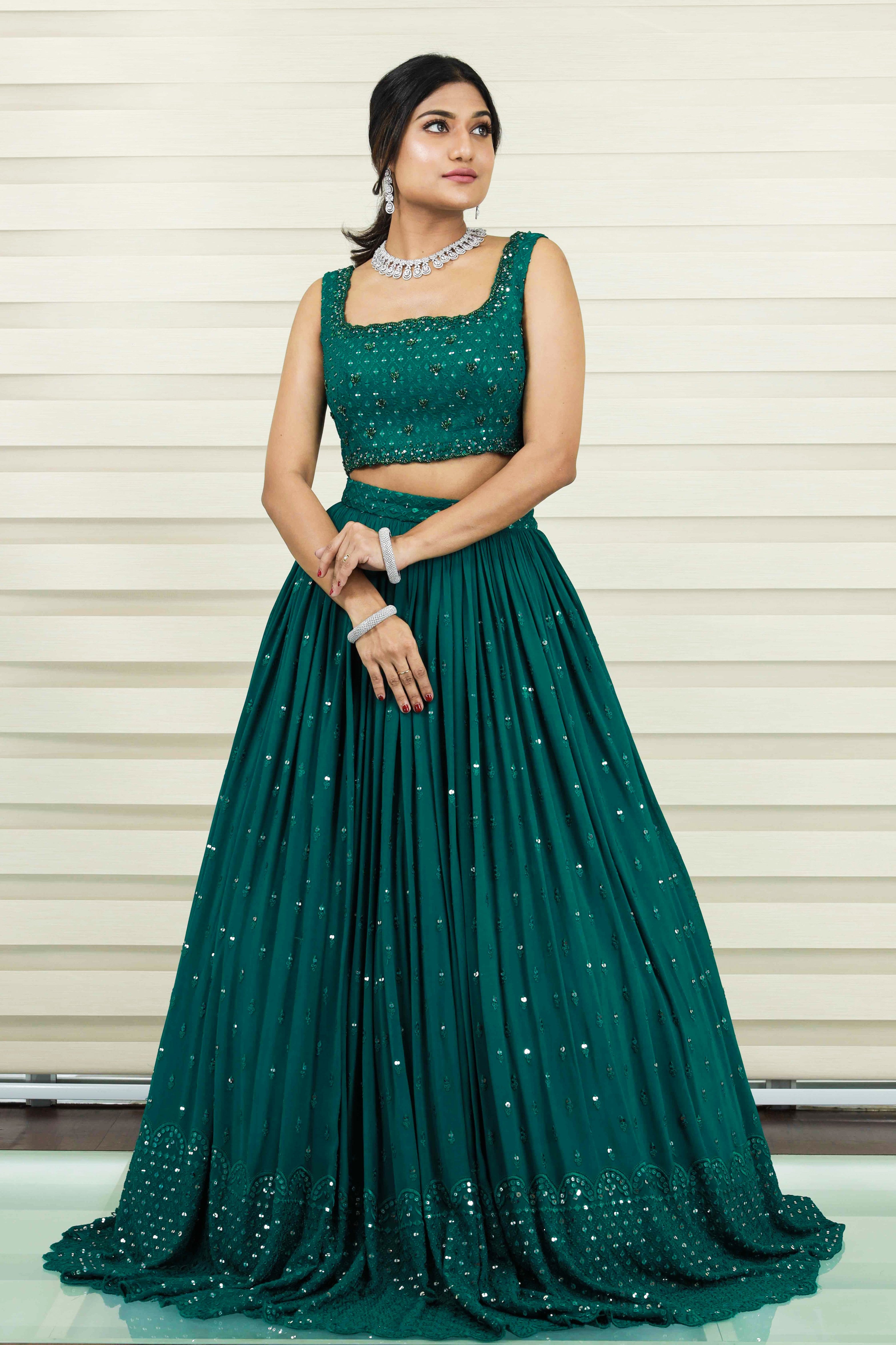 Castleton Green Lehenga with Mirror Work & Resham Handwork Detailing