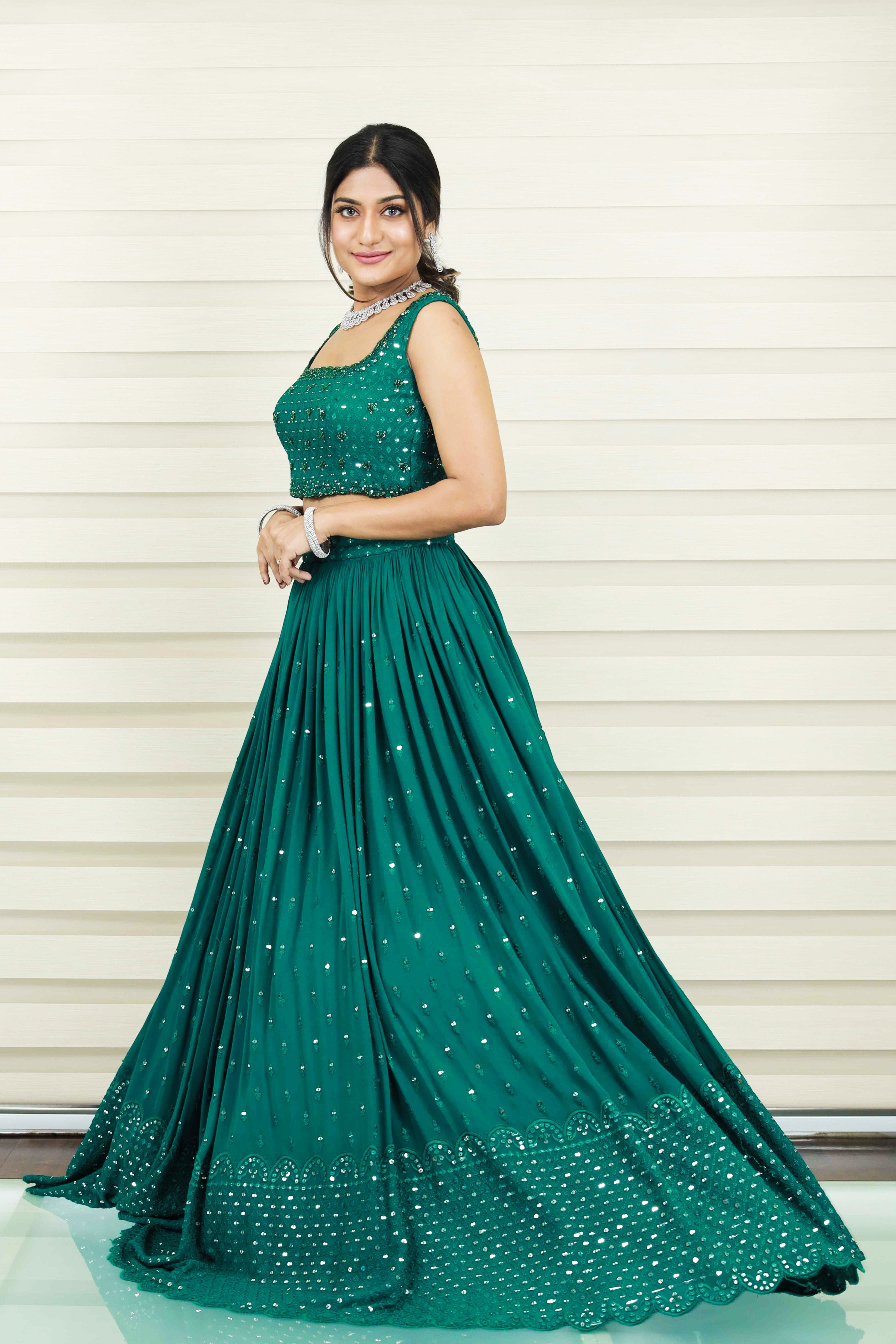 Castleton Green Lehenga with Mirror Work & Resham Handwork Detailing