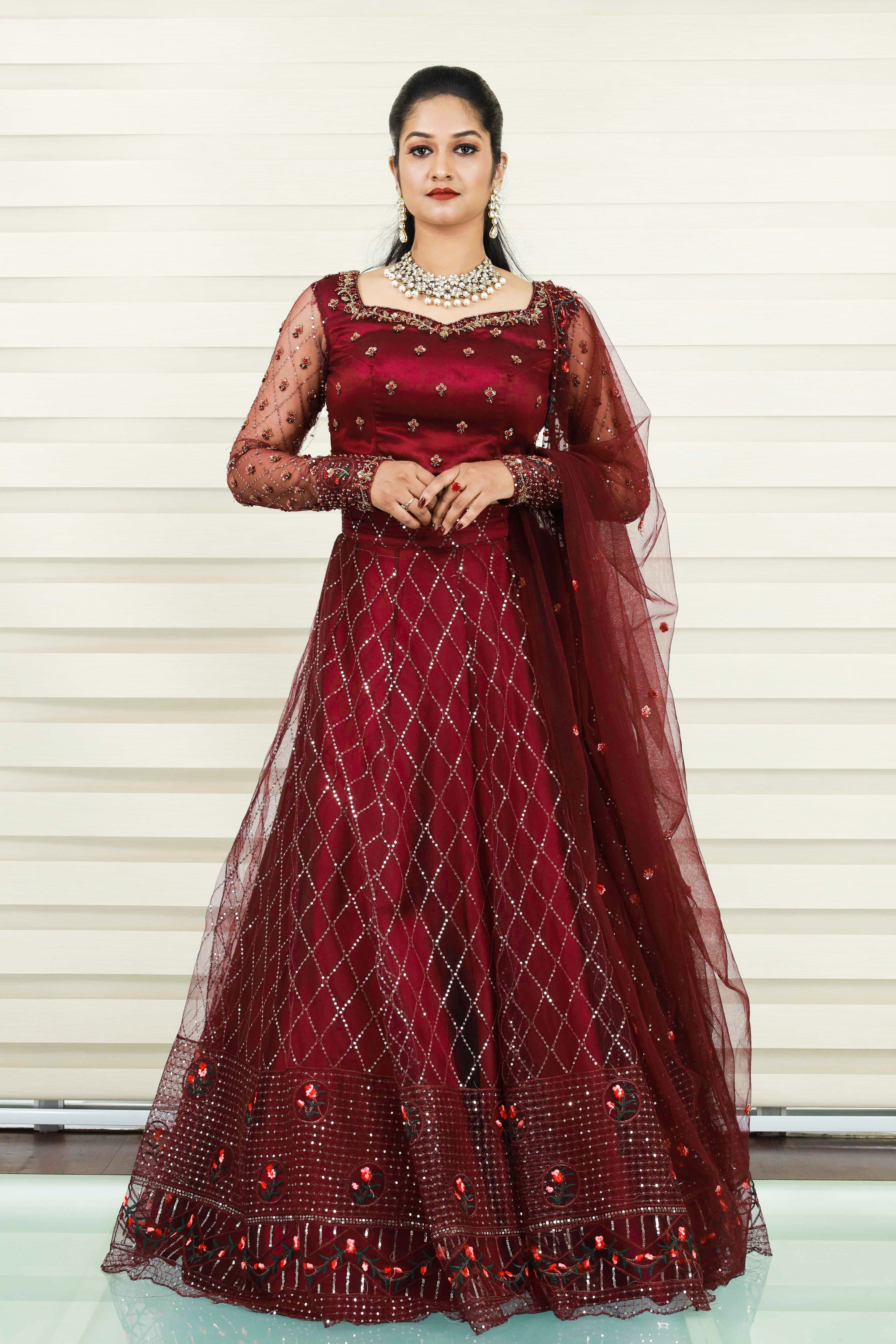 Wine Red Wide Sweet Heart Neck Lehenga Detailed with Muliti Color French Knots & Zardozi