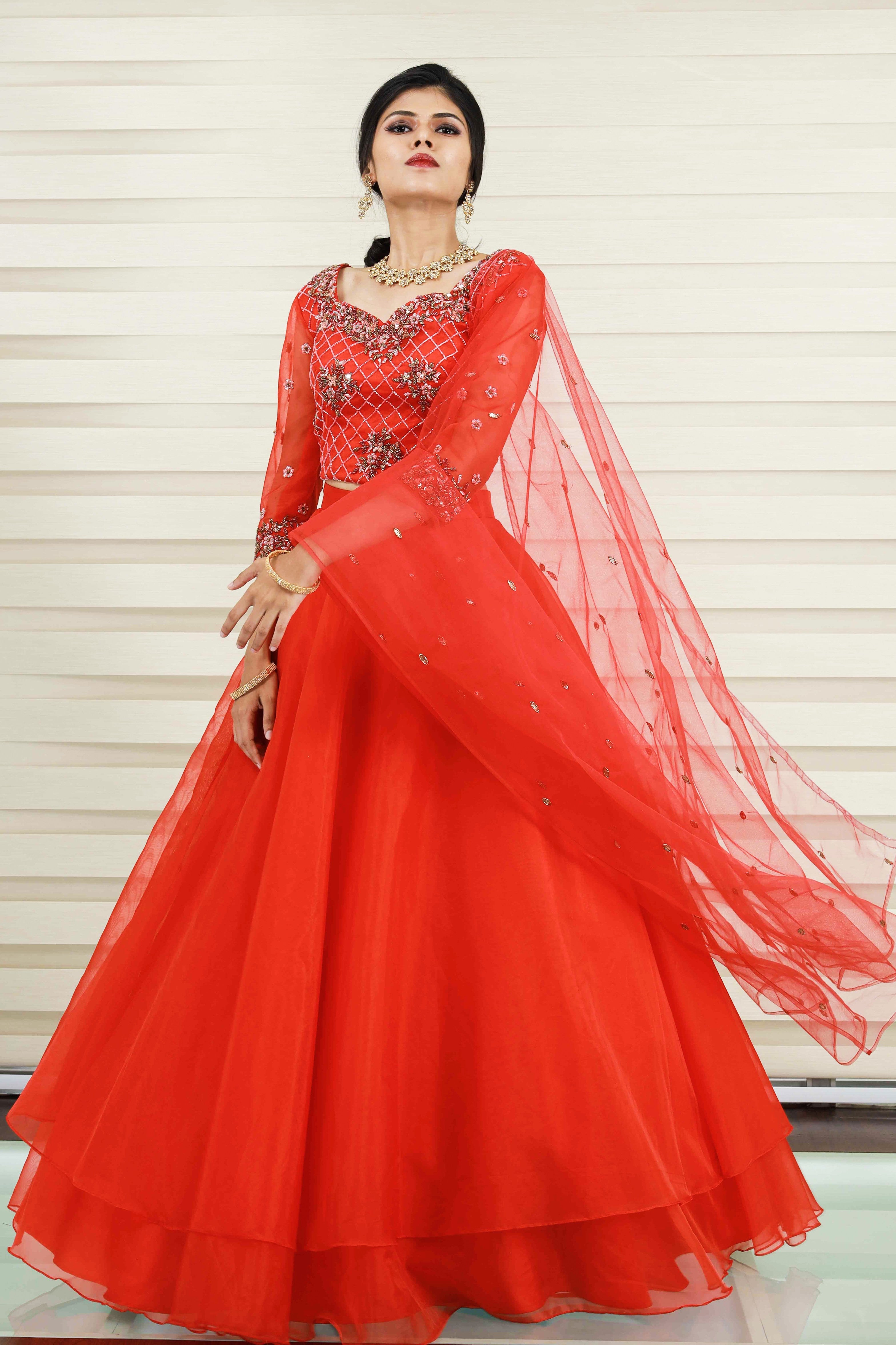 Candy Red Lehenga Detailed with Golden Geometrical Floral Embroidery