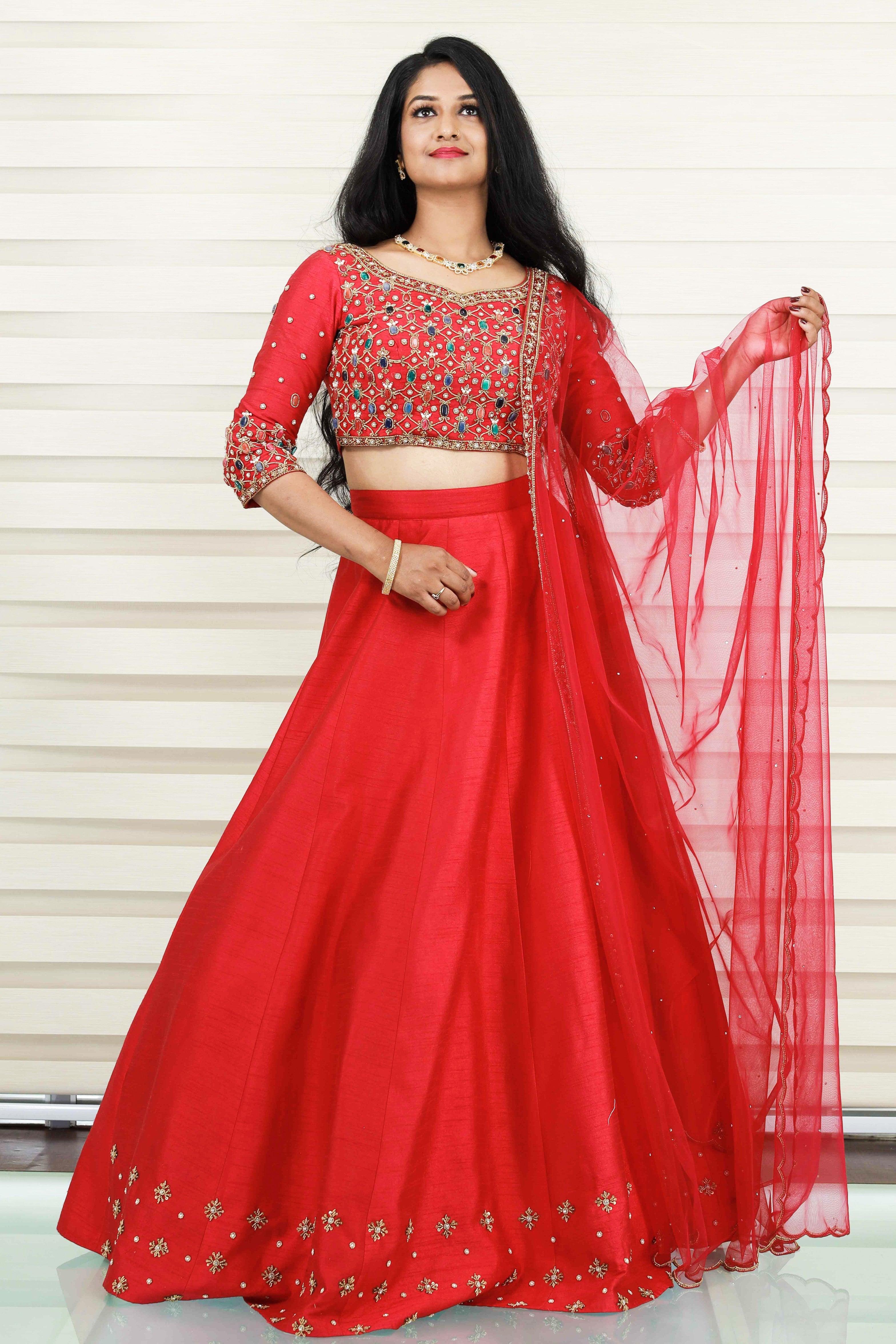 Scarlet Red Lehenga Detailed with Multi Tone Pearls & Golden Zardozi