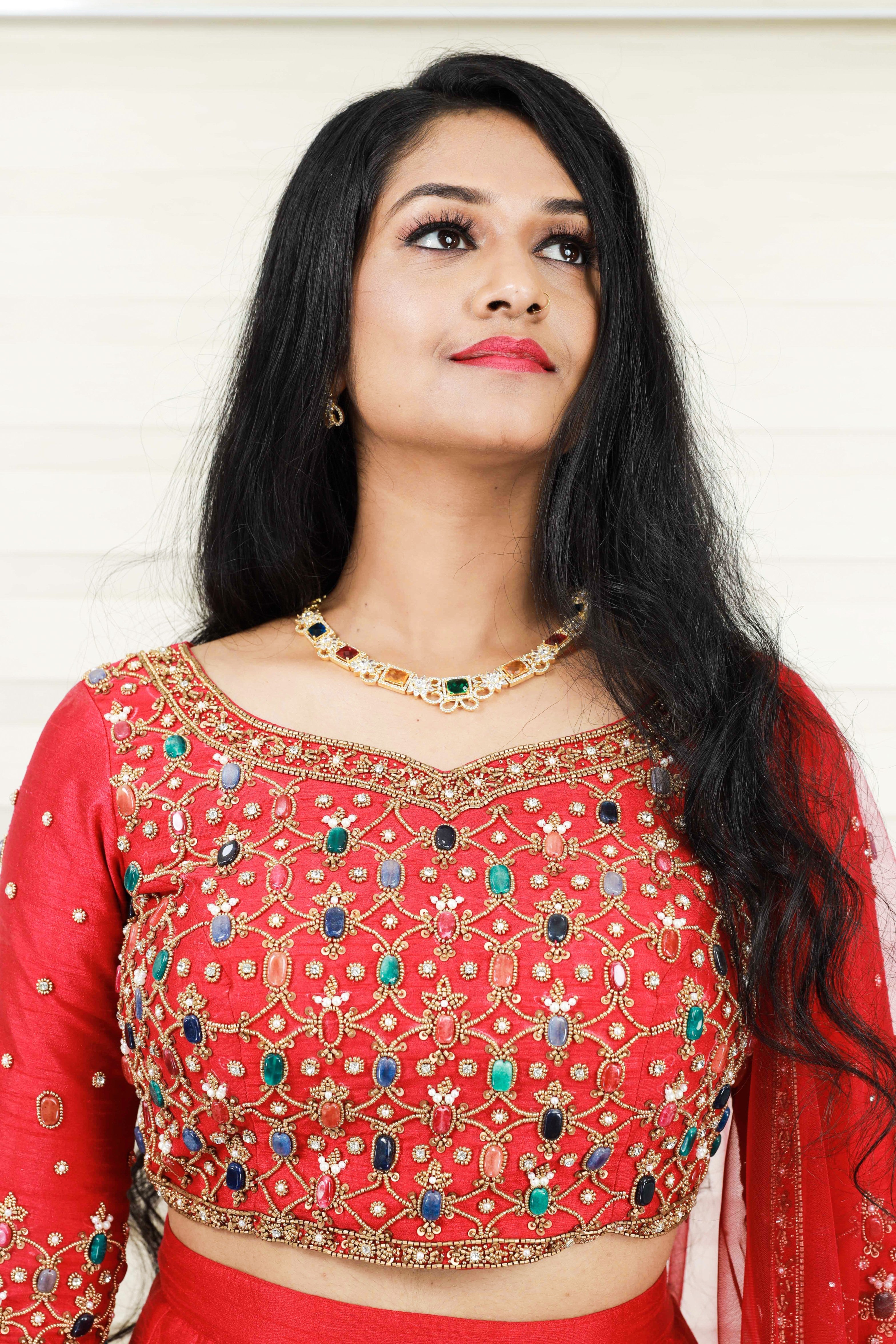 Scarlet Red Lehenga Detailed with Multi Tone Pearls & Golden Zardozi