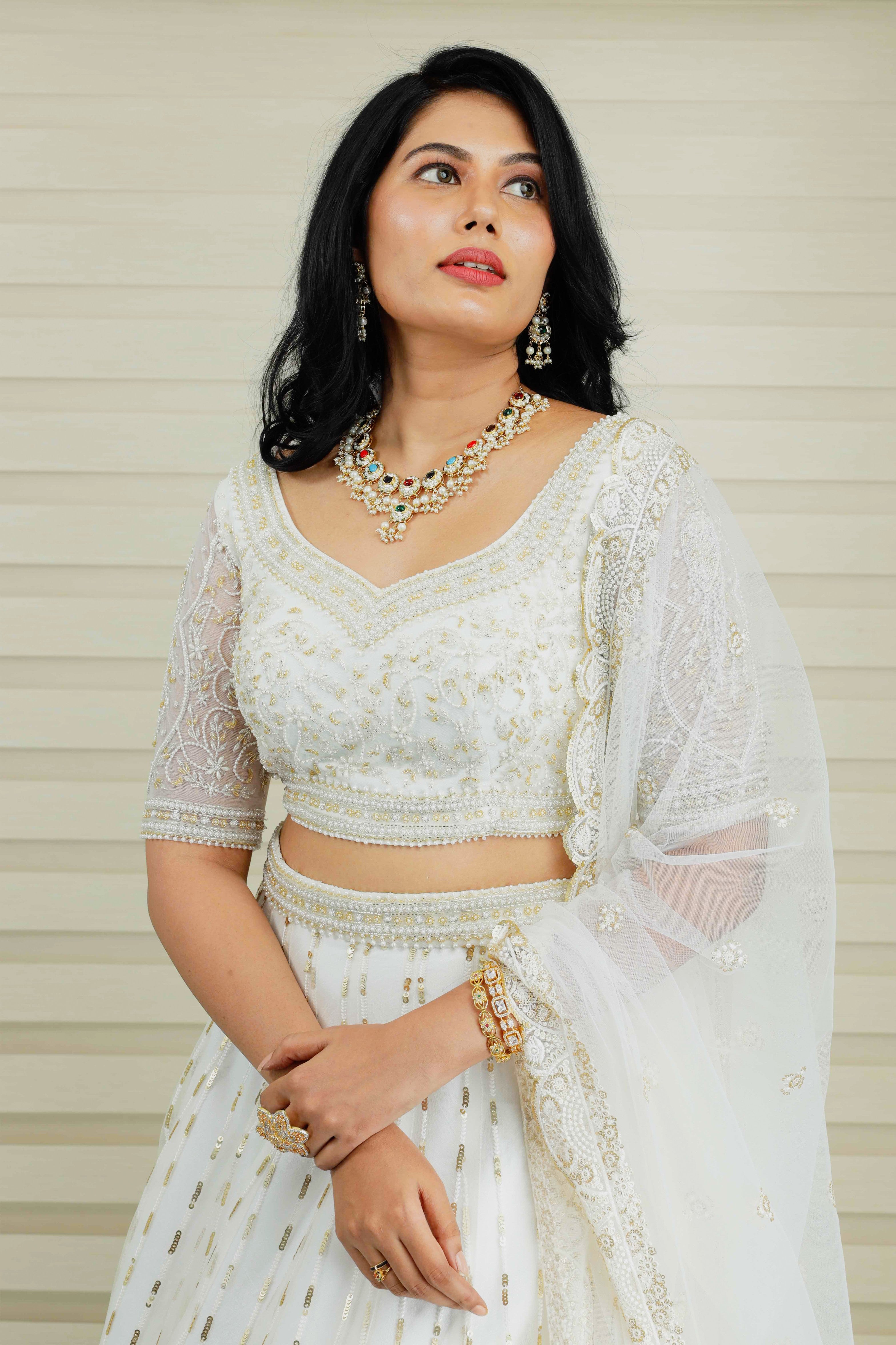 Ivory White Lehenga Detailed in Opal Pearls & Jaipuri Beads