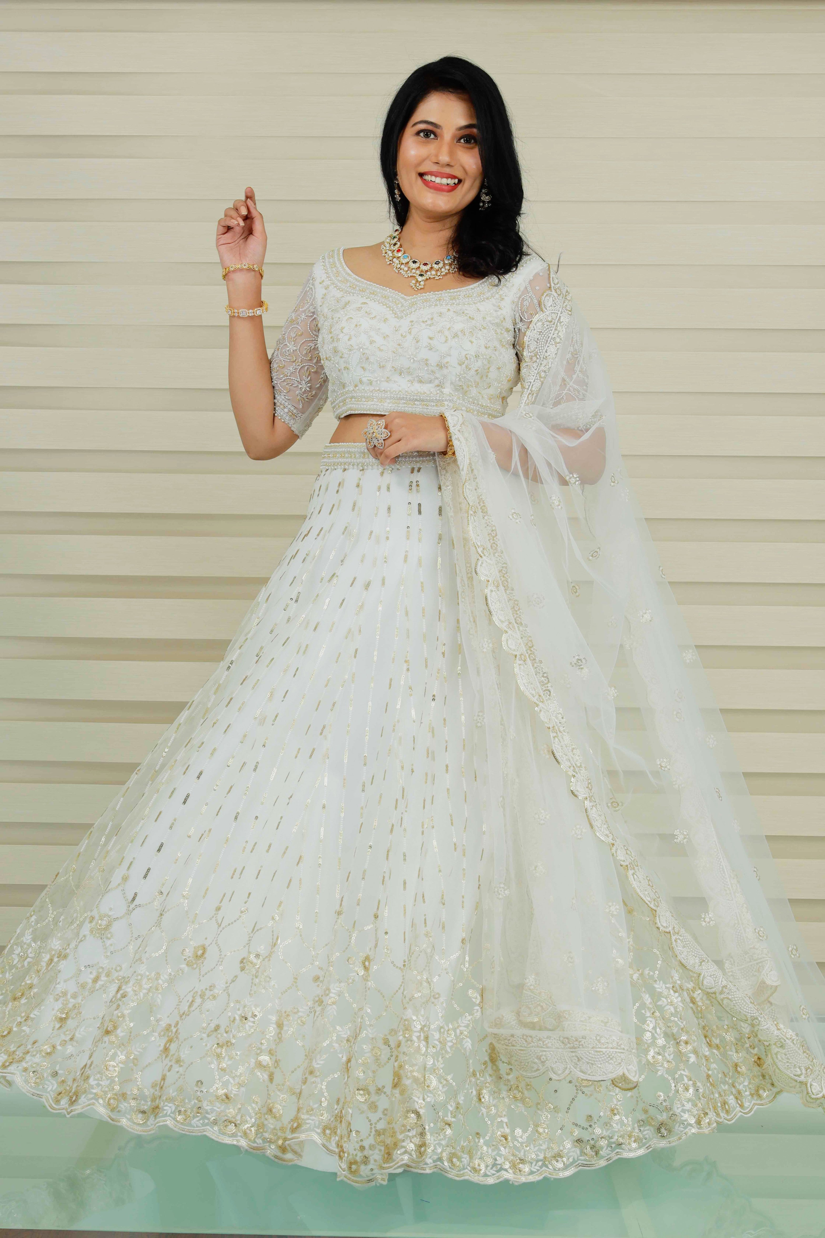 Ivory White Lehenga Detailed in Opal Pearls & Jaipuri Beads