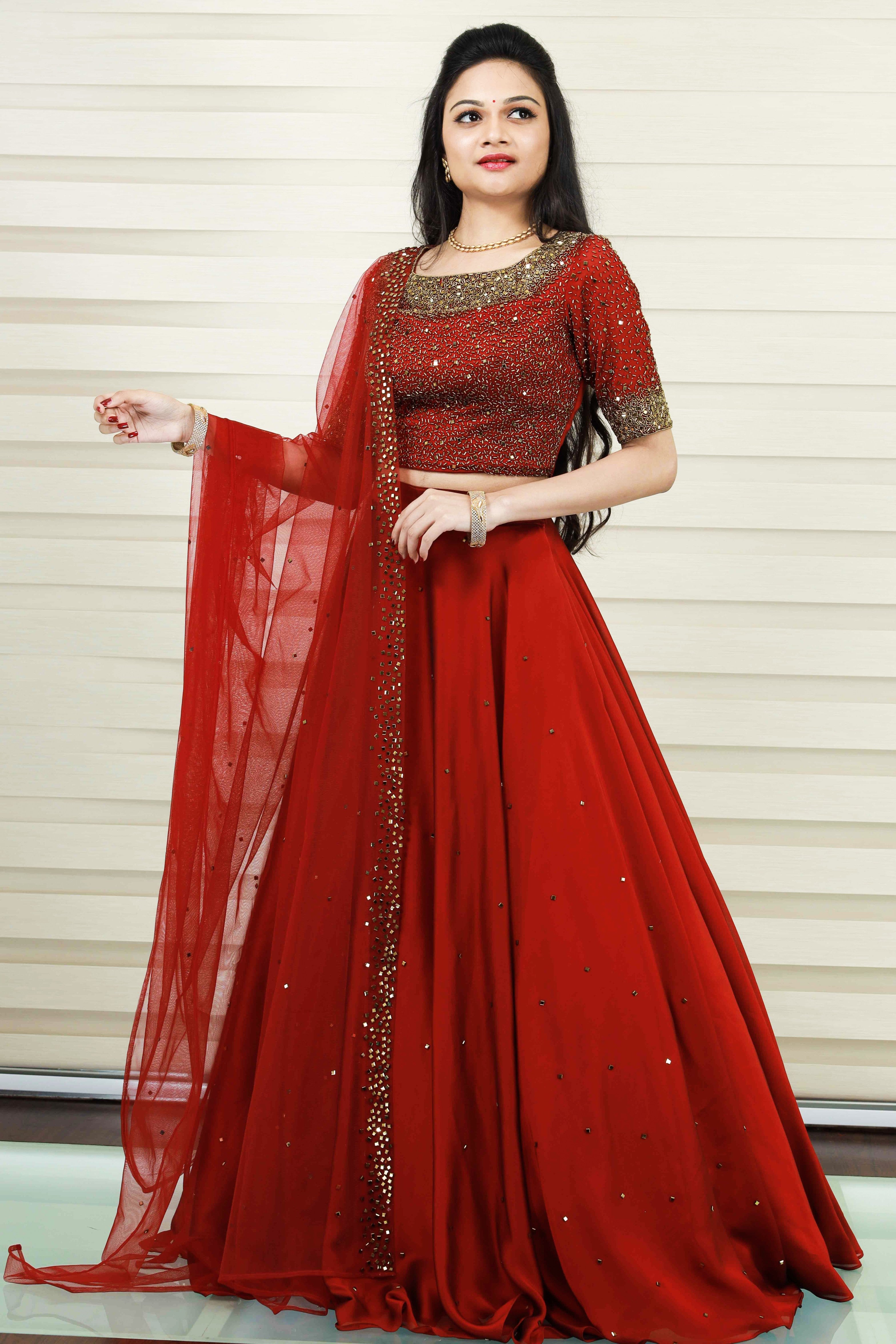 Heavy Ruby Red Lehenga with Cut Bead Embroidery & Real Mirror Highlights