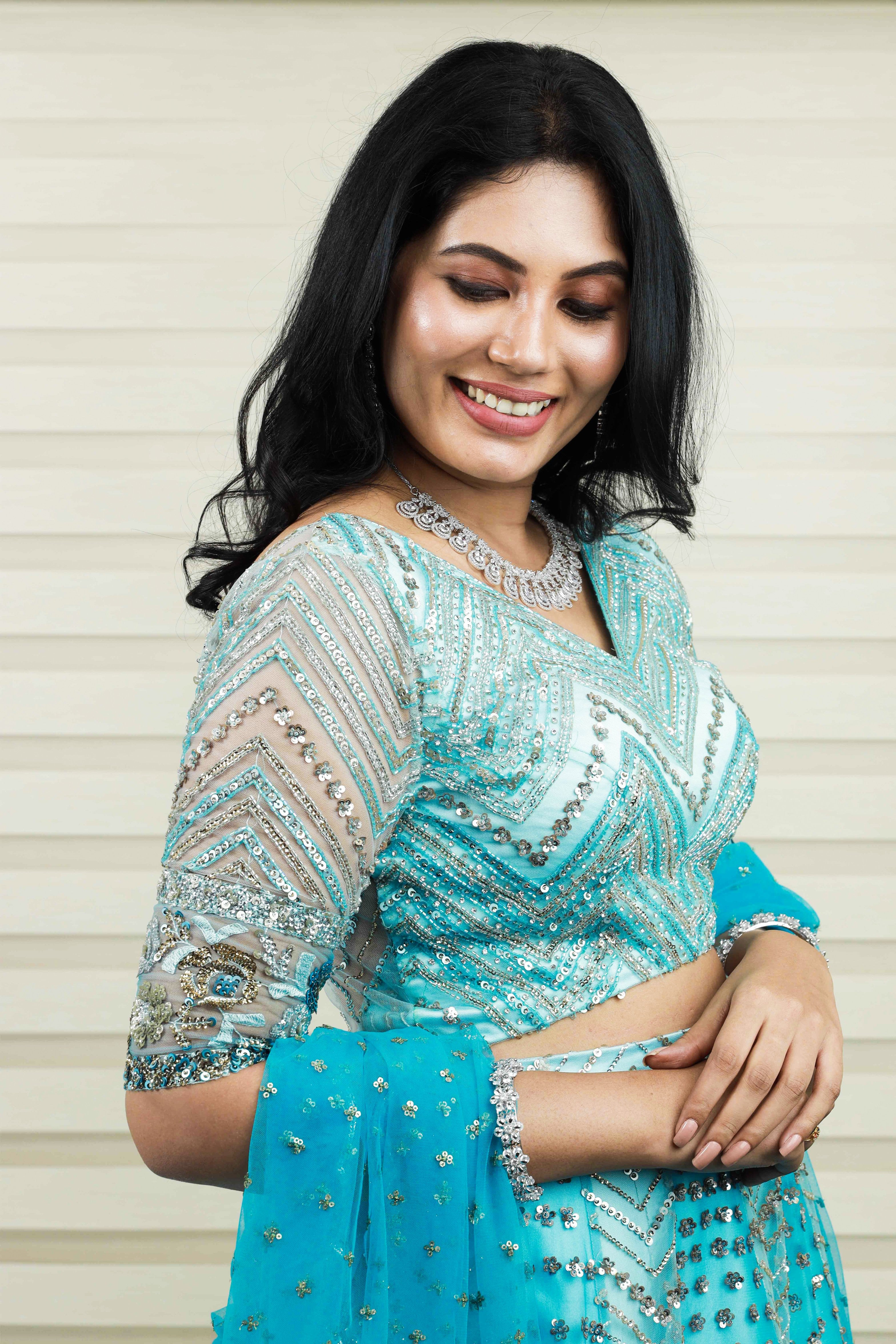 Electric Blue Lehenga Detailed in Gold & Silver Metalic Sequence Work
