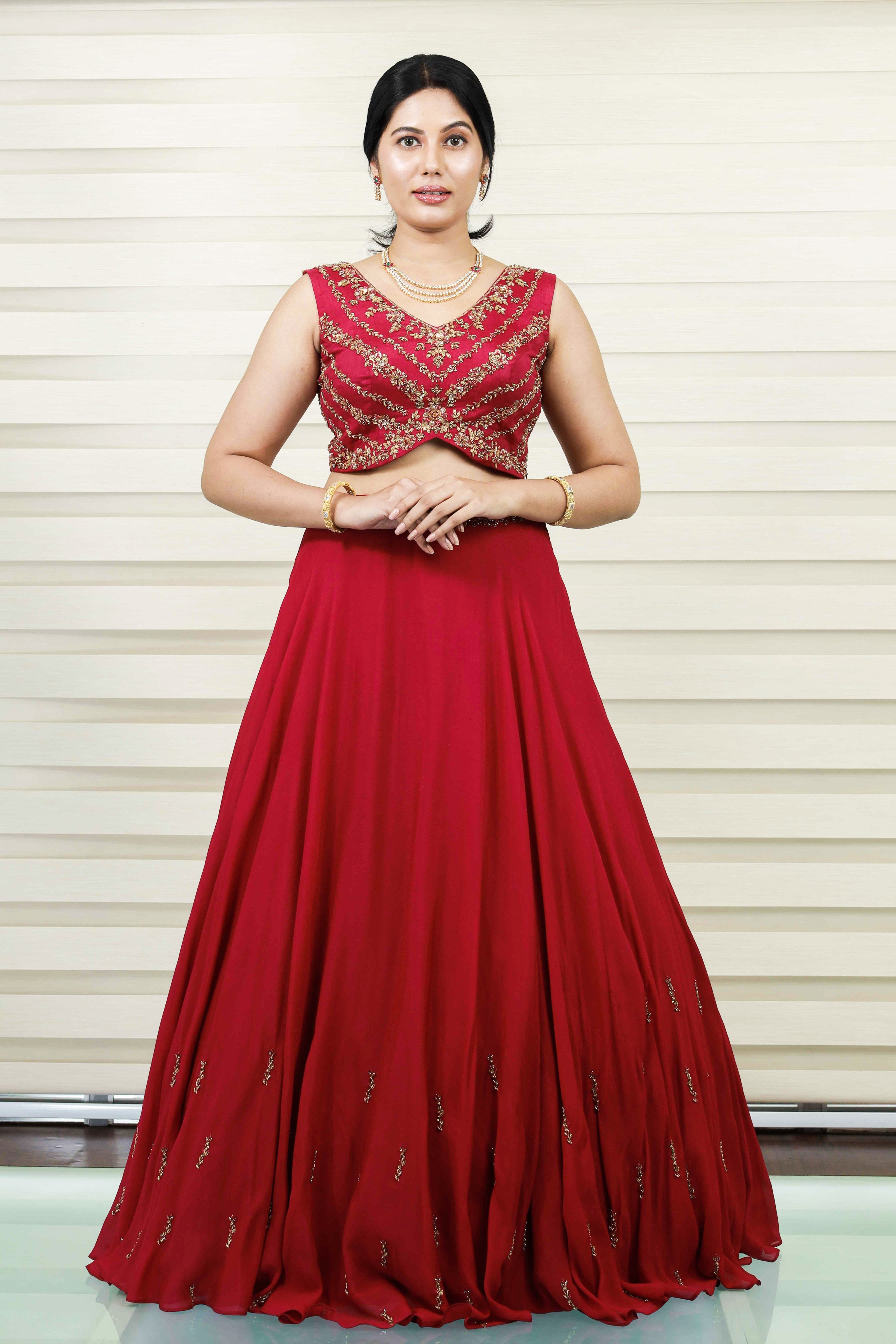 Currant Red Lehehnga Detailed in Golden Floral Zardozi & Bead Work