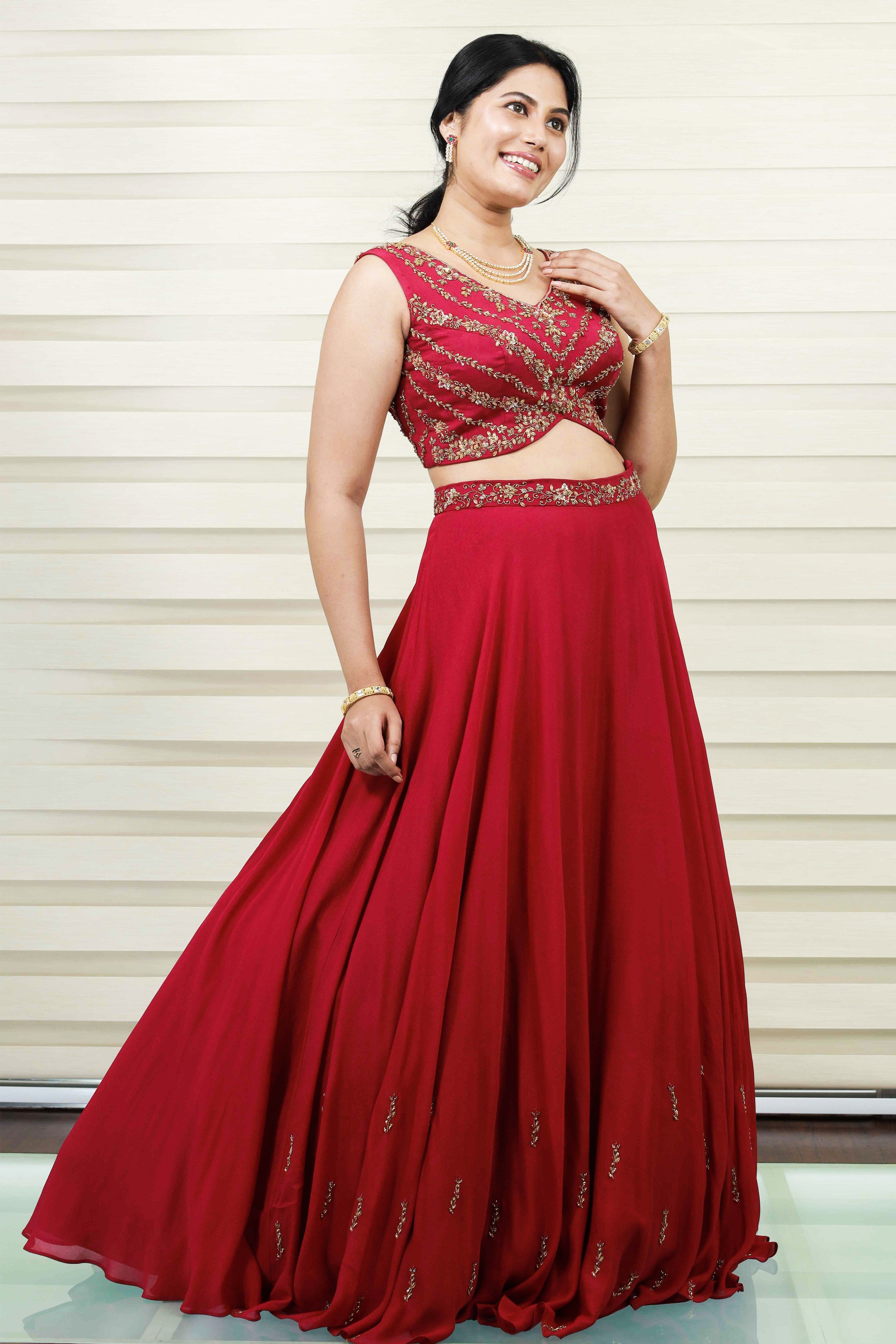 Currant Red Lehehnga Detailed in Golden Floral Zardozi & Bead Work