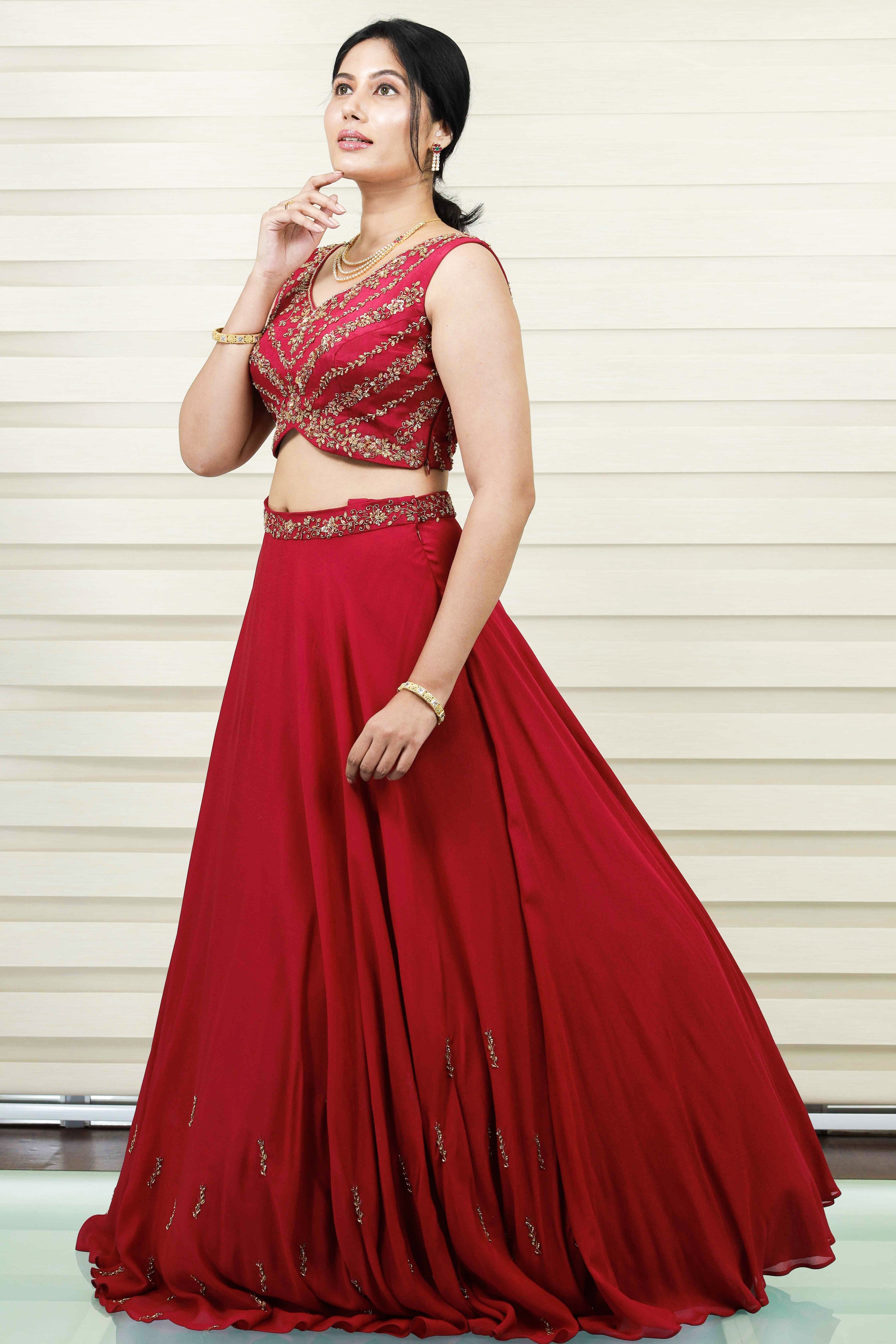Currant Red Lehehnga Detailed in Golden Floral Zardozi & Bead Work