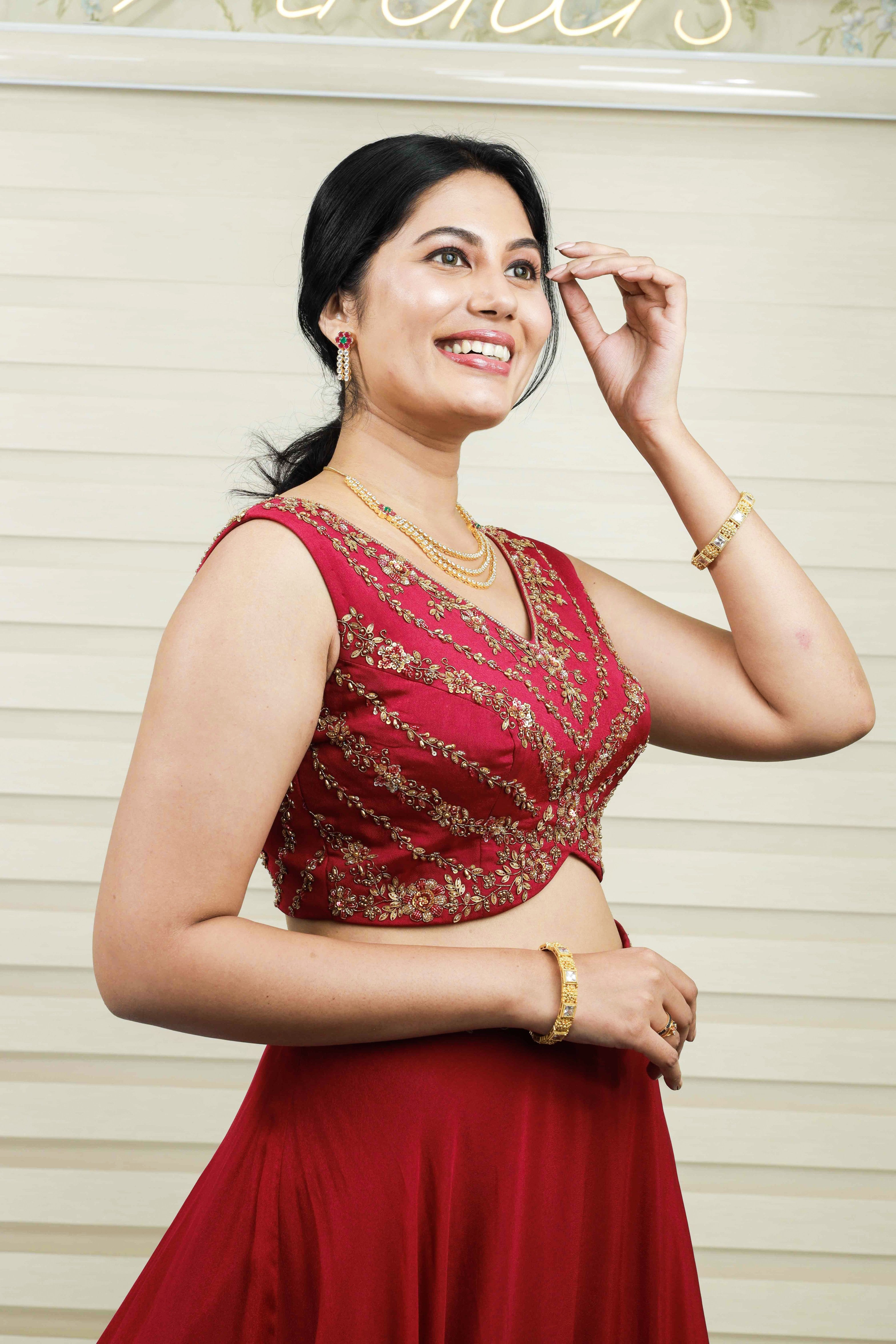 Currant Red Lehehnga Detailed in Golden Floral Zardozi & Bead Work