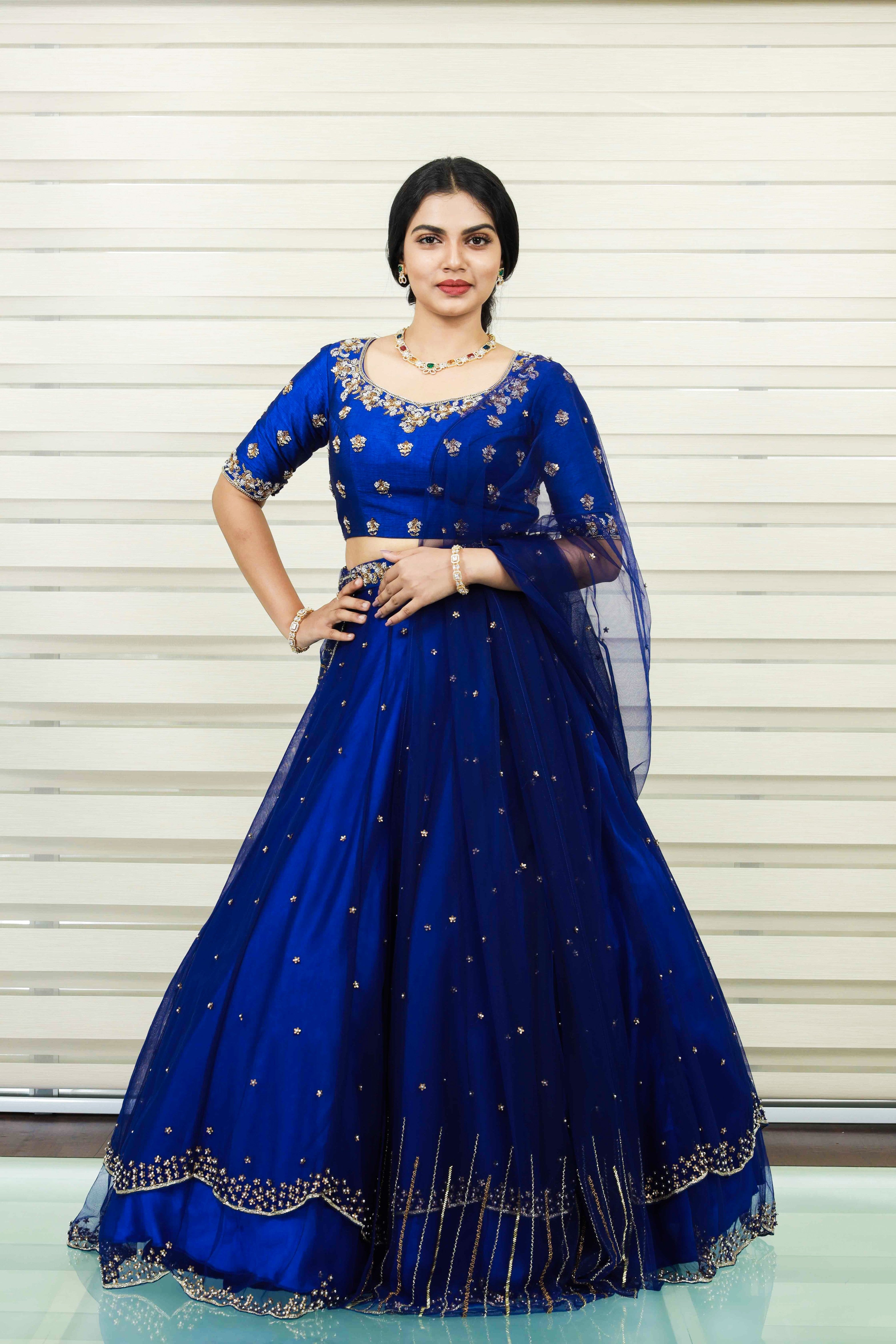 Azure Blue Sweet Heart Neck Raw Silk Lehenga Detailed with Zardozi & Sequence Handwork