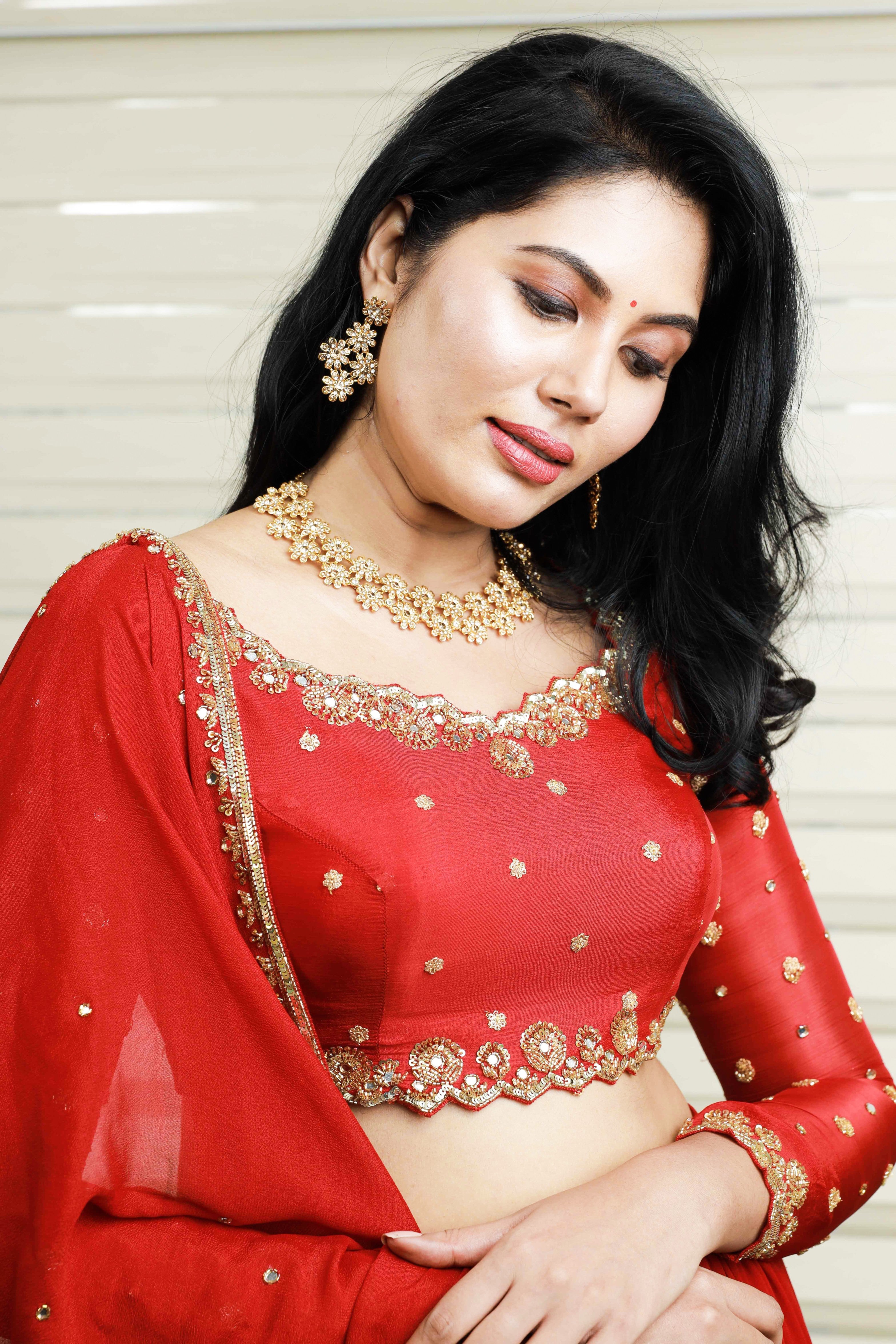 Cherry Red Lehenga Detailed with Golden Sequence & Thread Embroidery