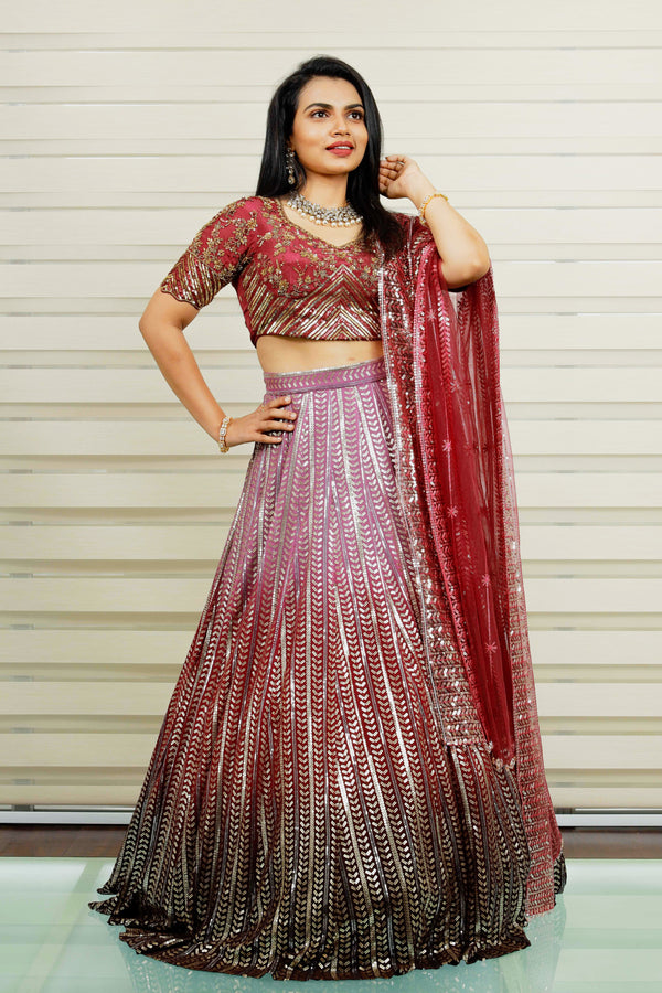 Heavy Embroidered Ombre Bridal Lehenga Detailed with Golden Floral & Geometrical Hand Work