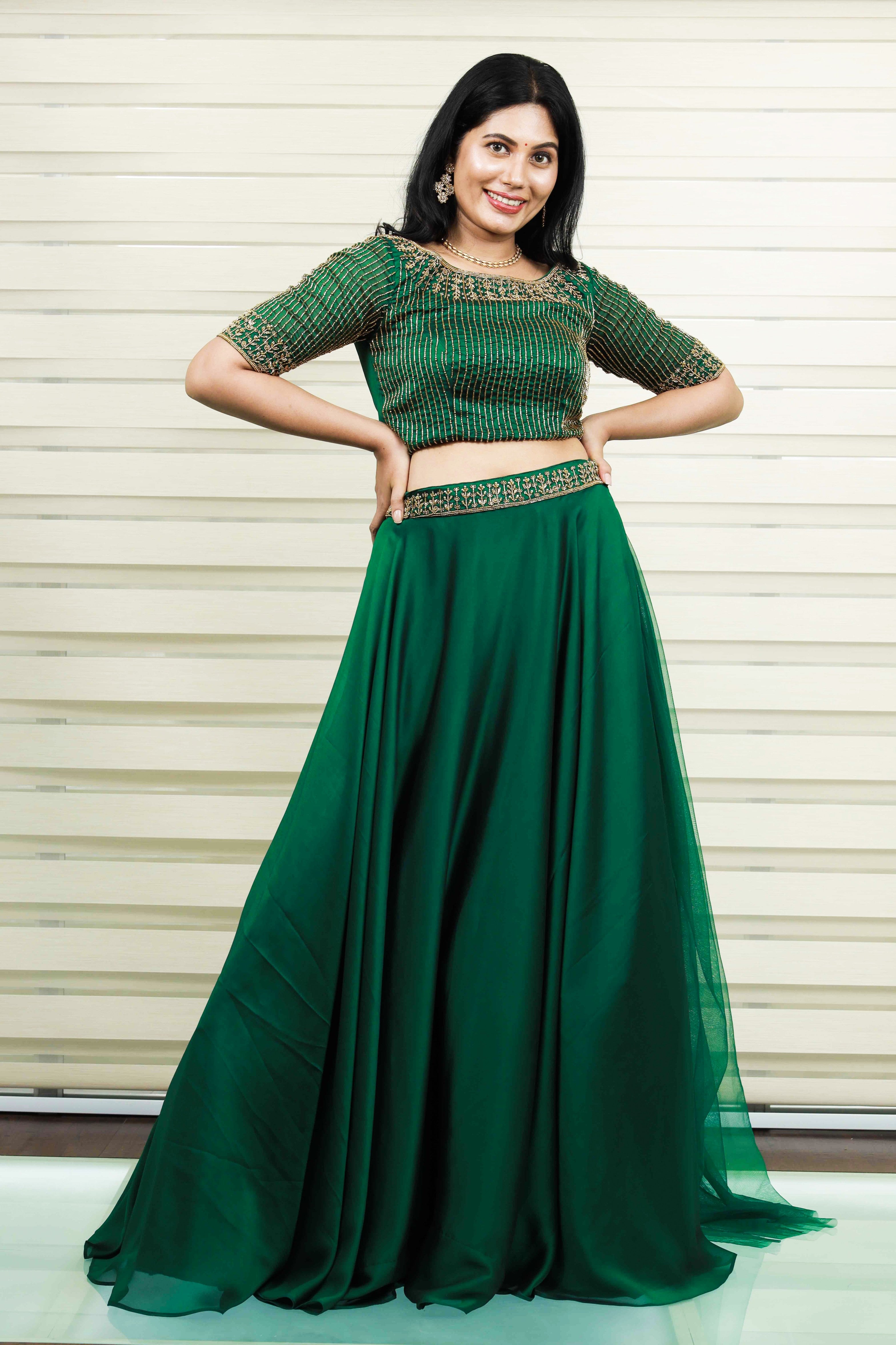 Dark Green Boat Neck Lehenga Detailed with Golden Bead Embroidery