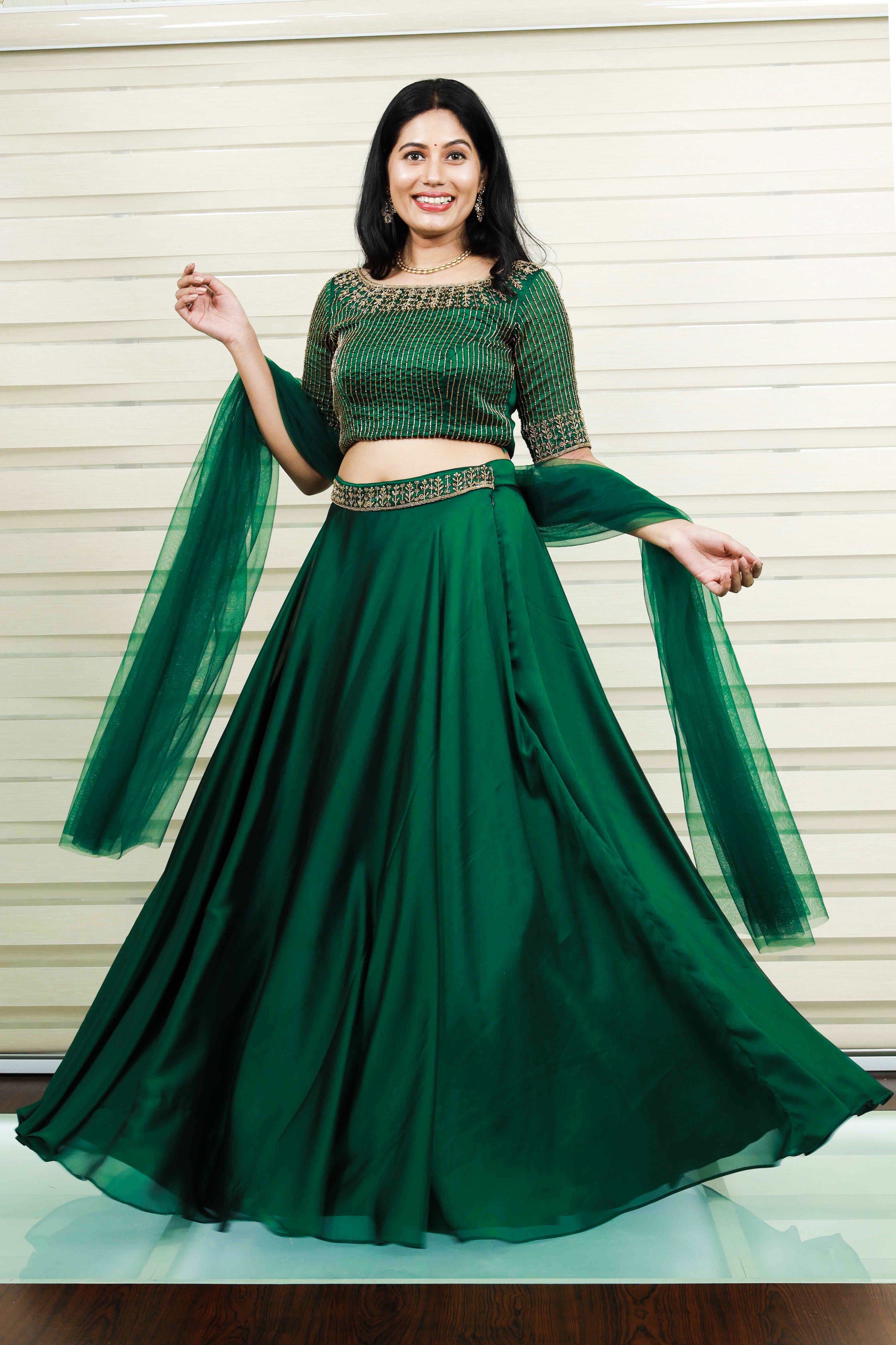 Dark Green Boat Neck Lehenga Detailed with Golden Bead Embroidery