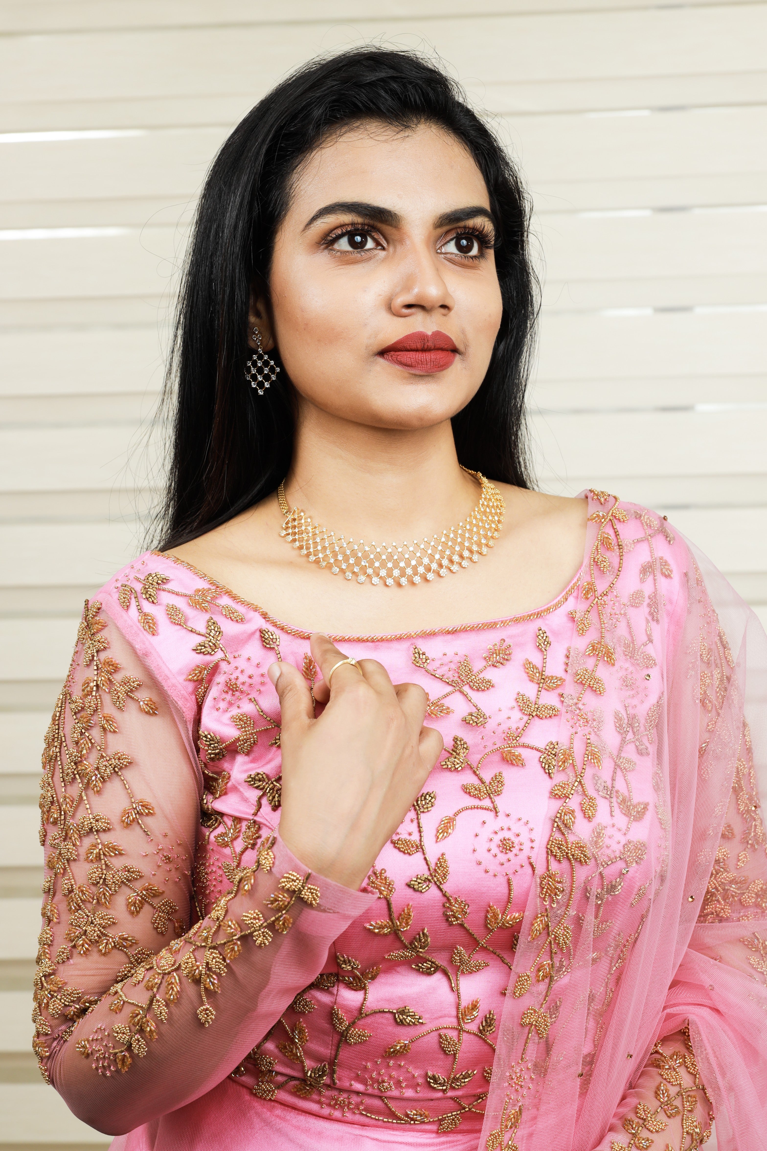 Ballet Pink Lehenga Detailed with Golden Bead Work
