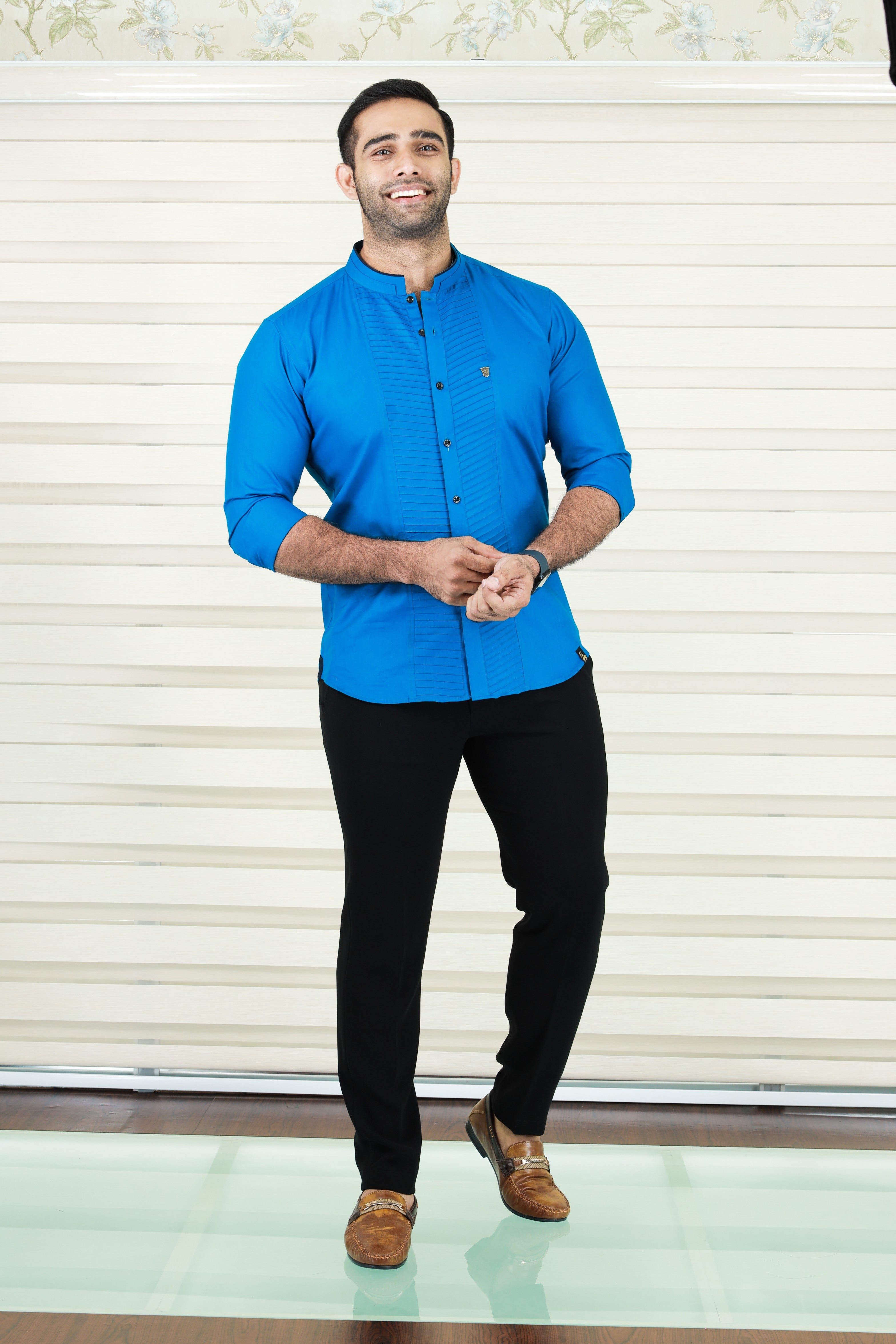 Saphire Blue Shirt with Diagonal Tucks Detailing (Only Shirt)