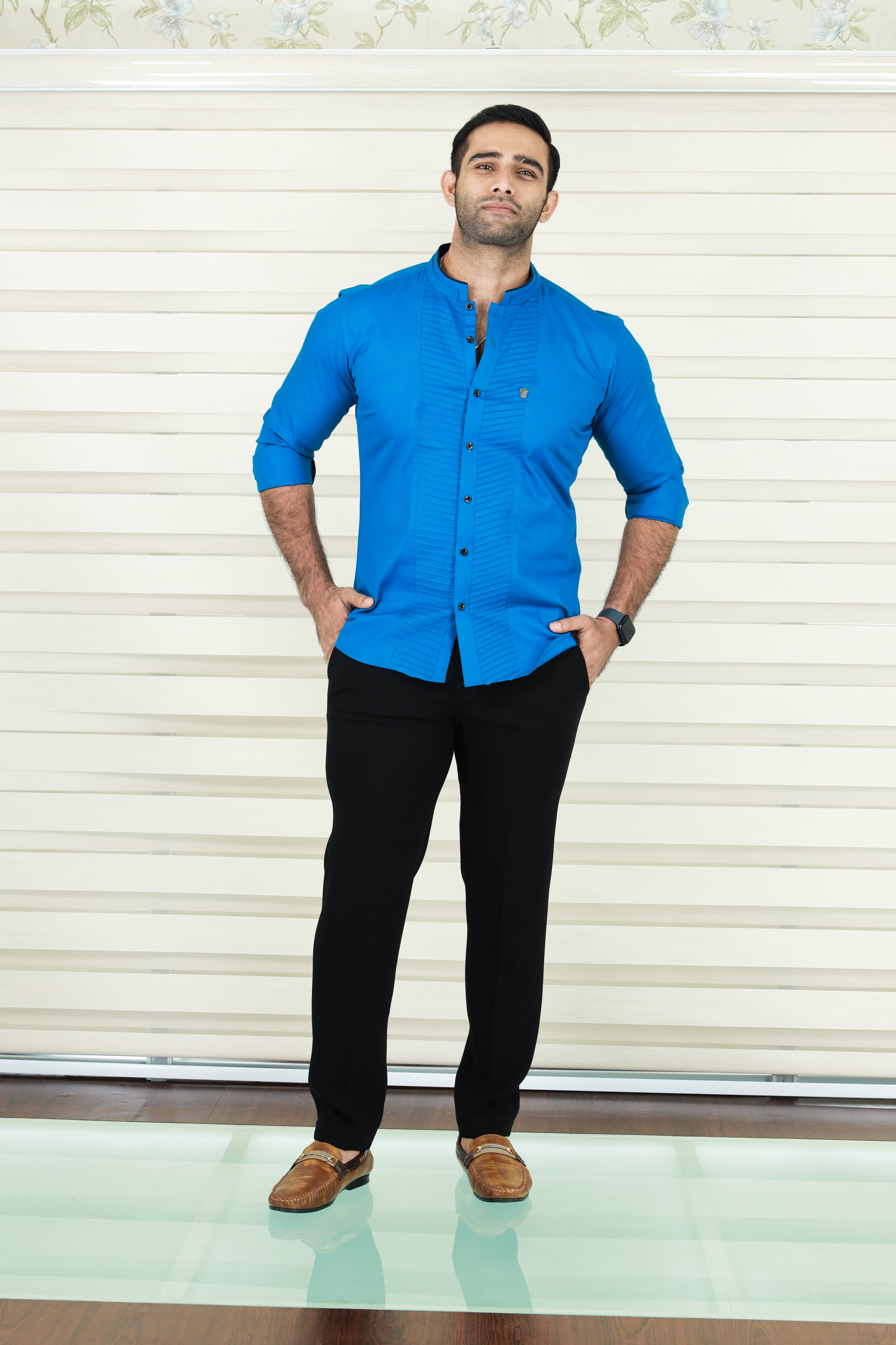Saphire Blue Shirt with Diagonal Tucks Detailing (Only Shirt)