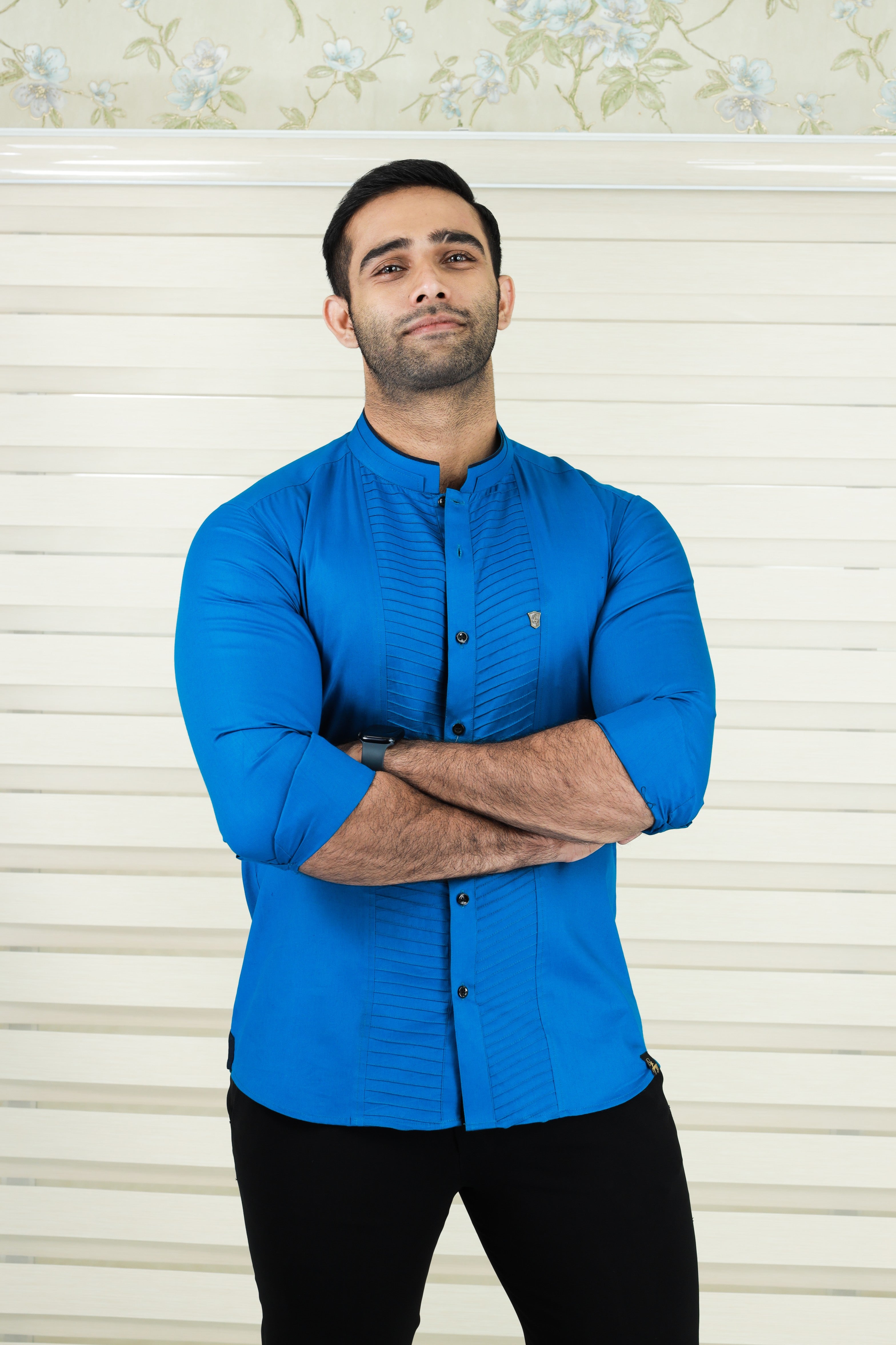 Saphire Blue Shirt with Diagonal Tucks Detailing (Only Shirt)