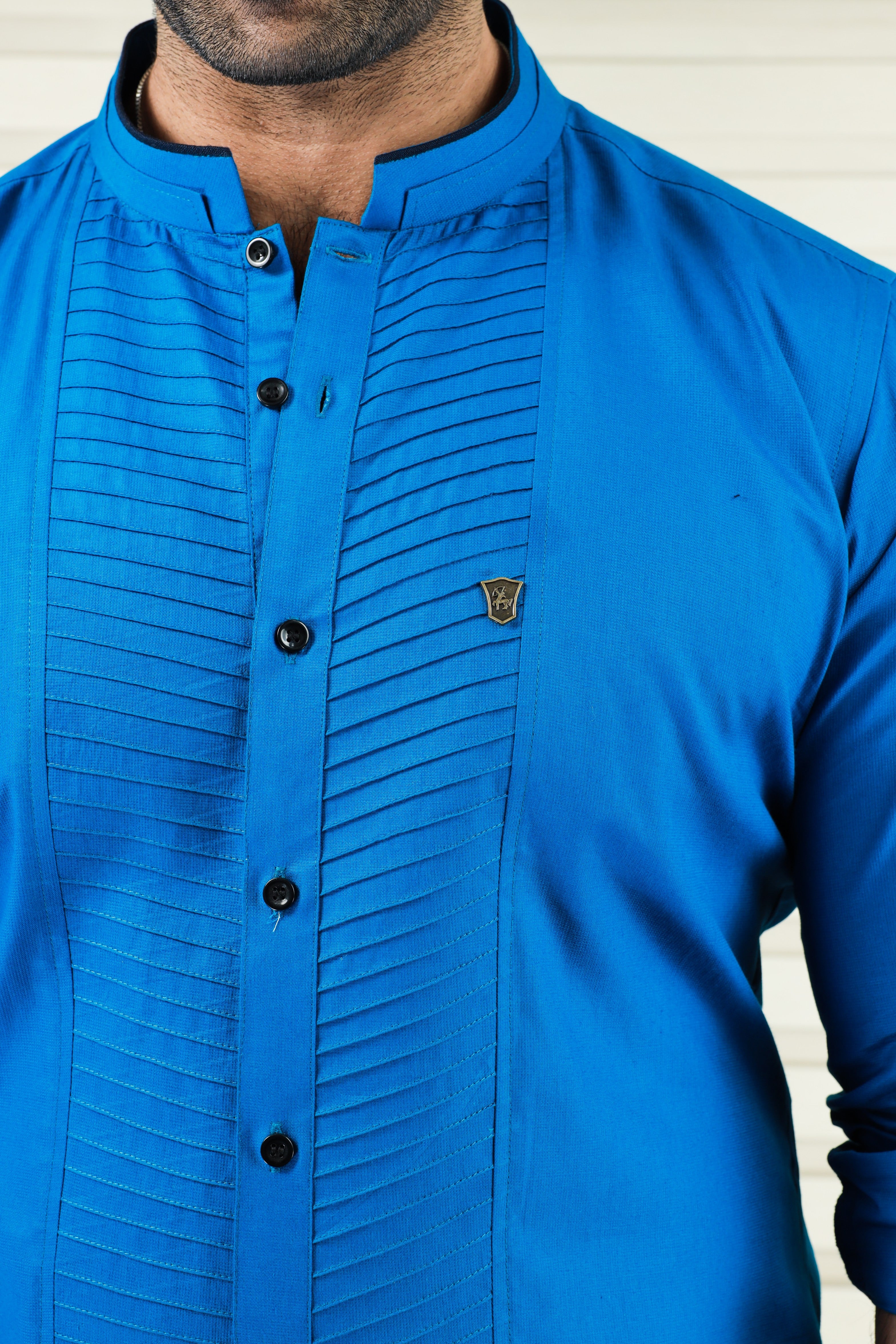 Saphire Blue Shirt with Diagonal Tucks Detailing (Only Shirt)