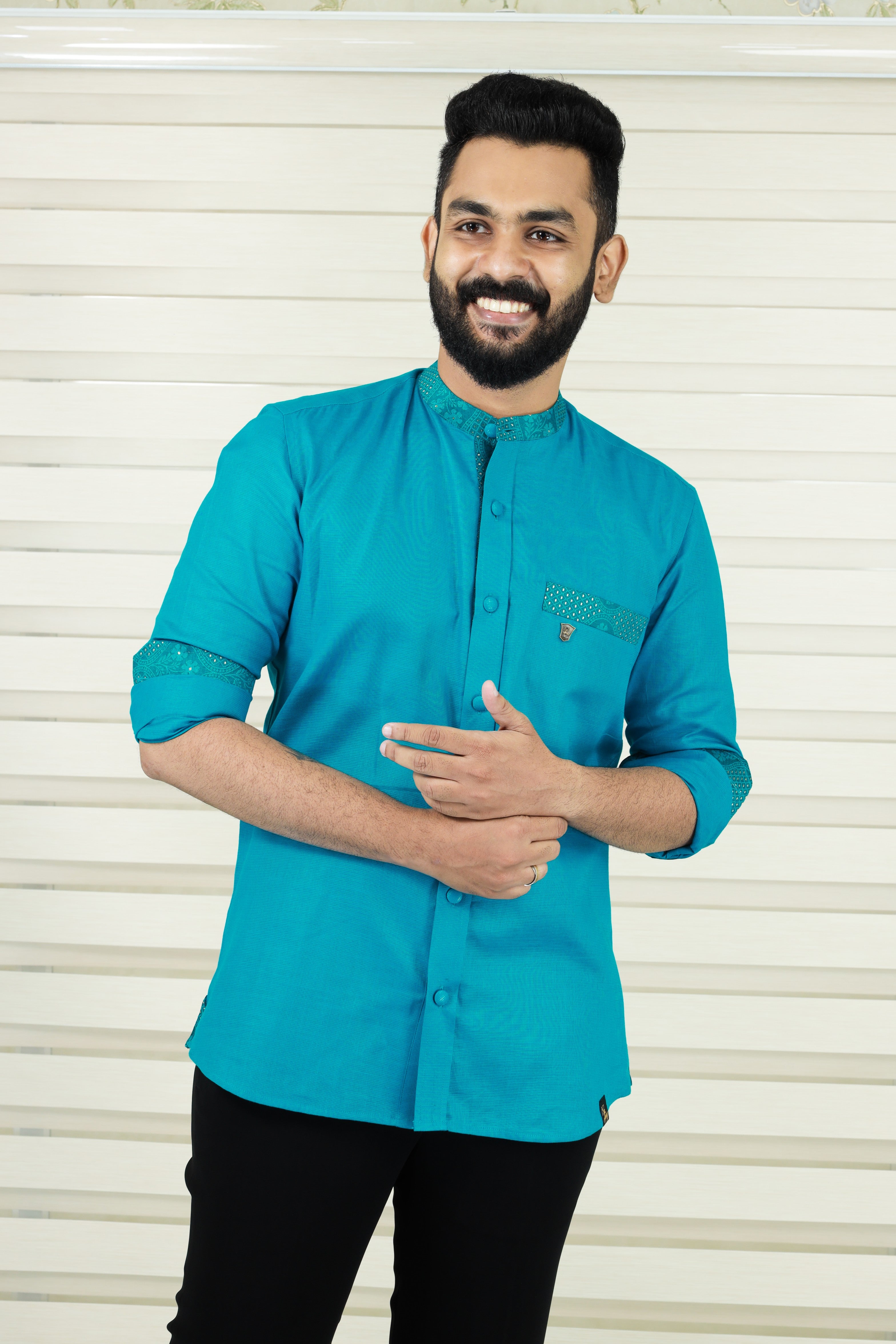 Teal Blue Chinese Collar Shirt with Graffiti Blue Detailing on Neck, Pocket & Sleeves (Only Shirt)
