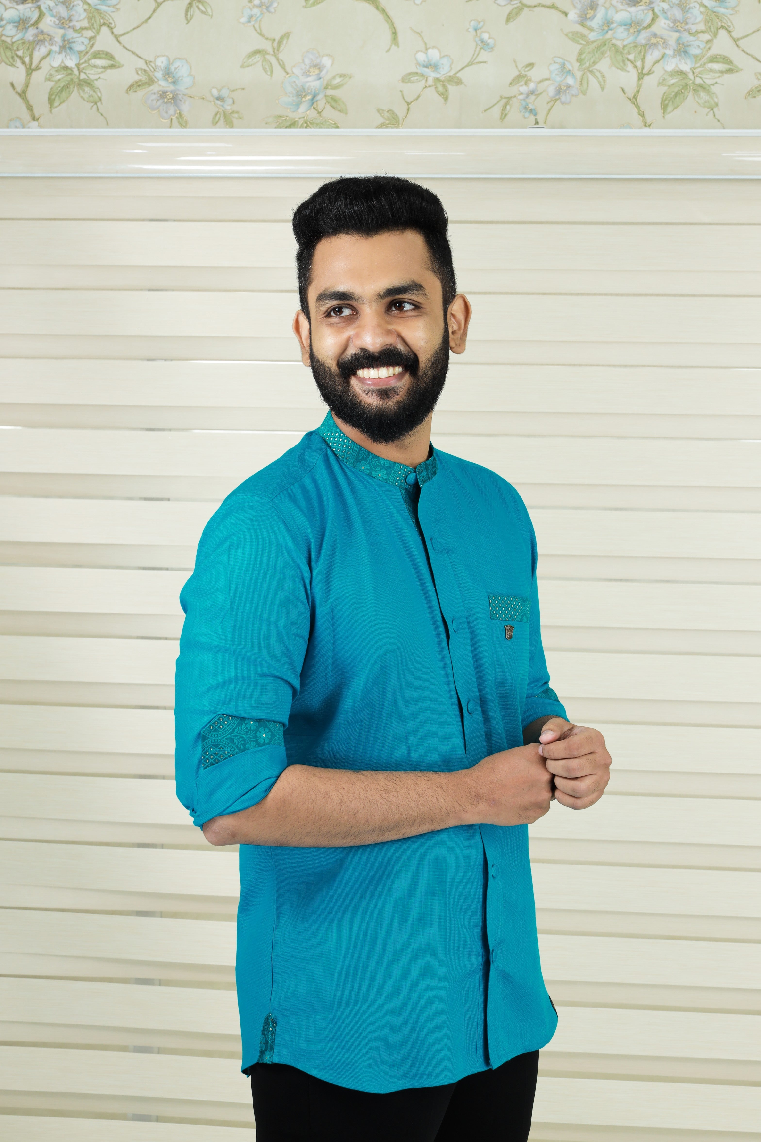 Teal Blue Chinese Collar Shirt with Graffiti Blue Detailing on Neck, Pocket & Sleeves