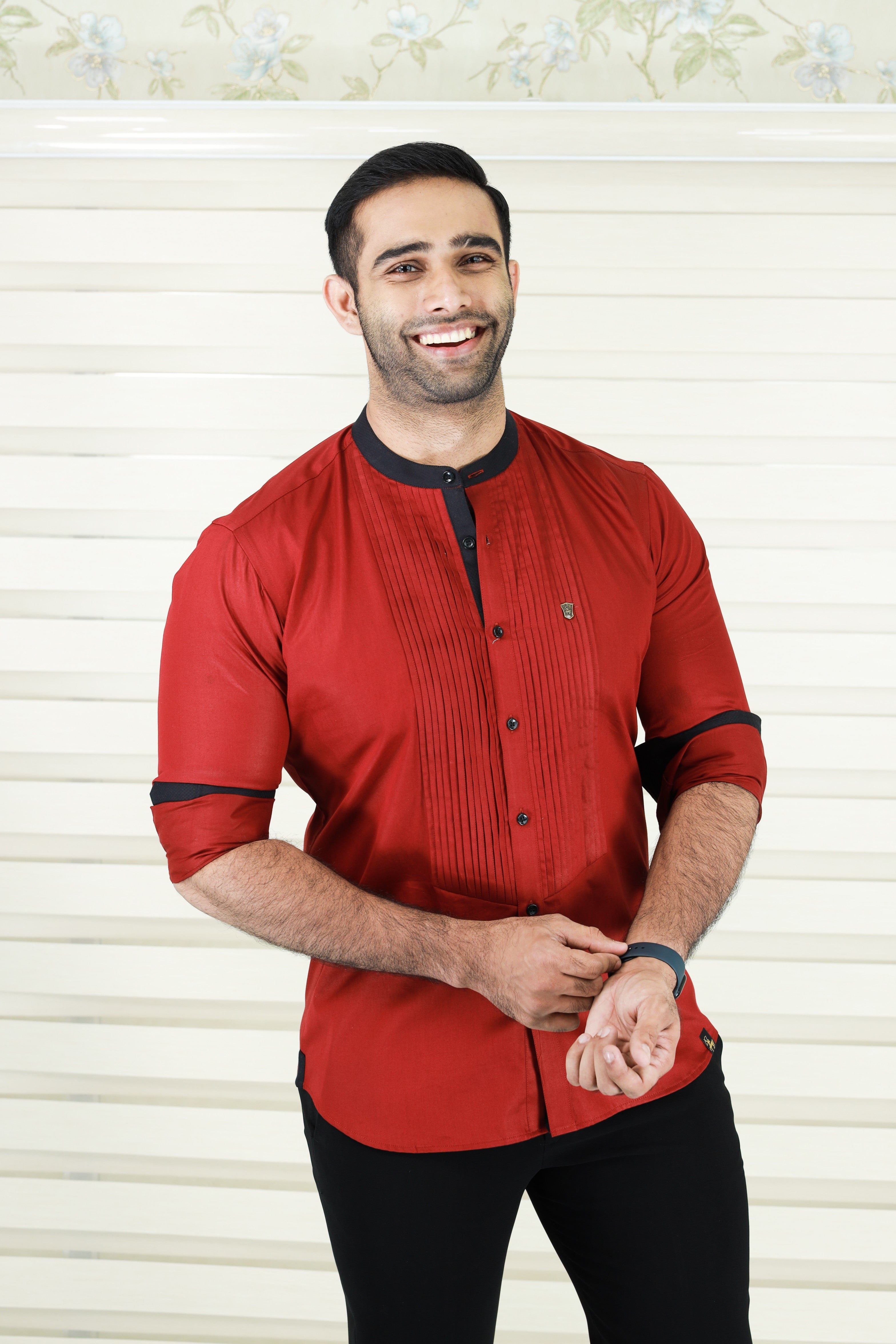 Cherry Red Vertical Pleated Shirt with Black Detailing on Neck, Cuff & Placket (Shirt + Black Pants)